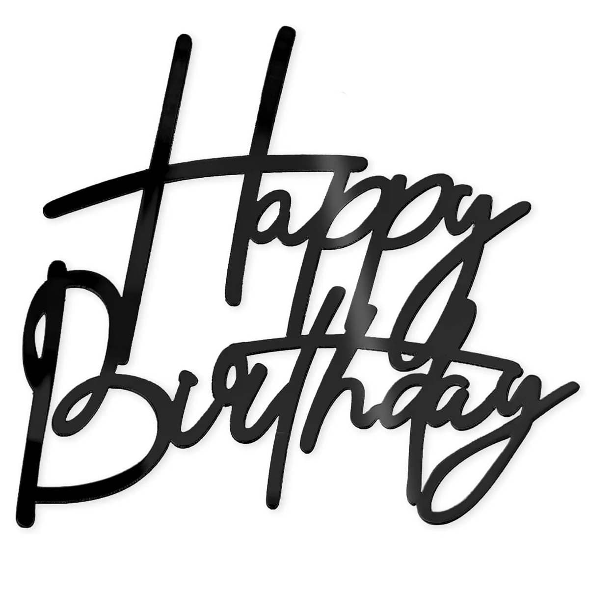 Akryyli kakkukoriste kakun sivulle – Happy Birthday, musta