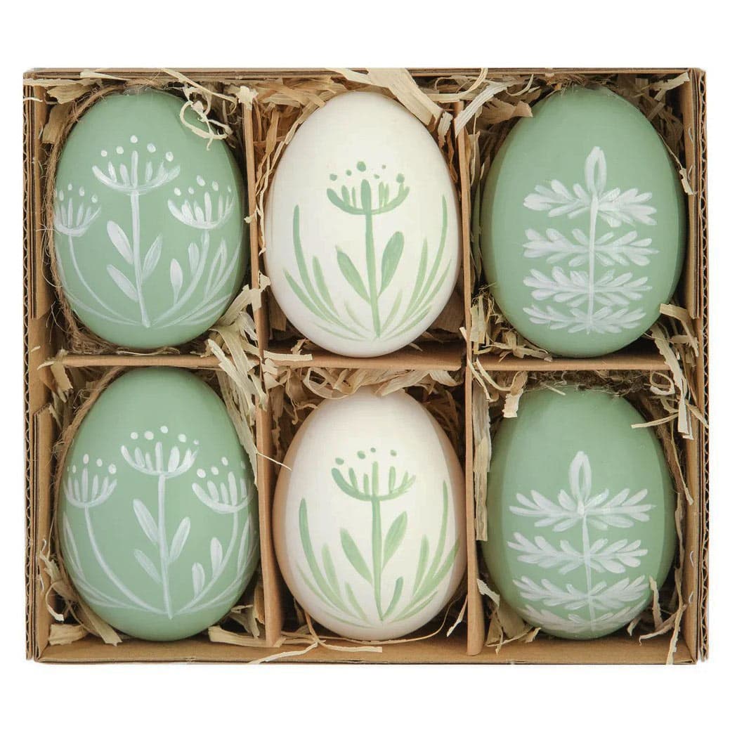 Ripustettavat pääsiäismunat aidot – Sage/Valkoiset, 6cm, 6kpl