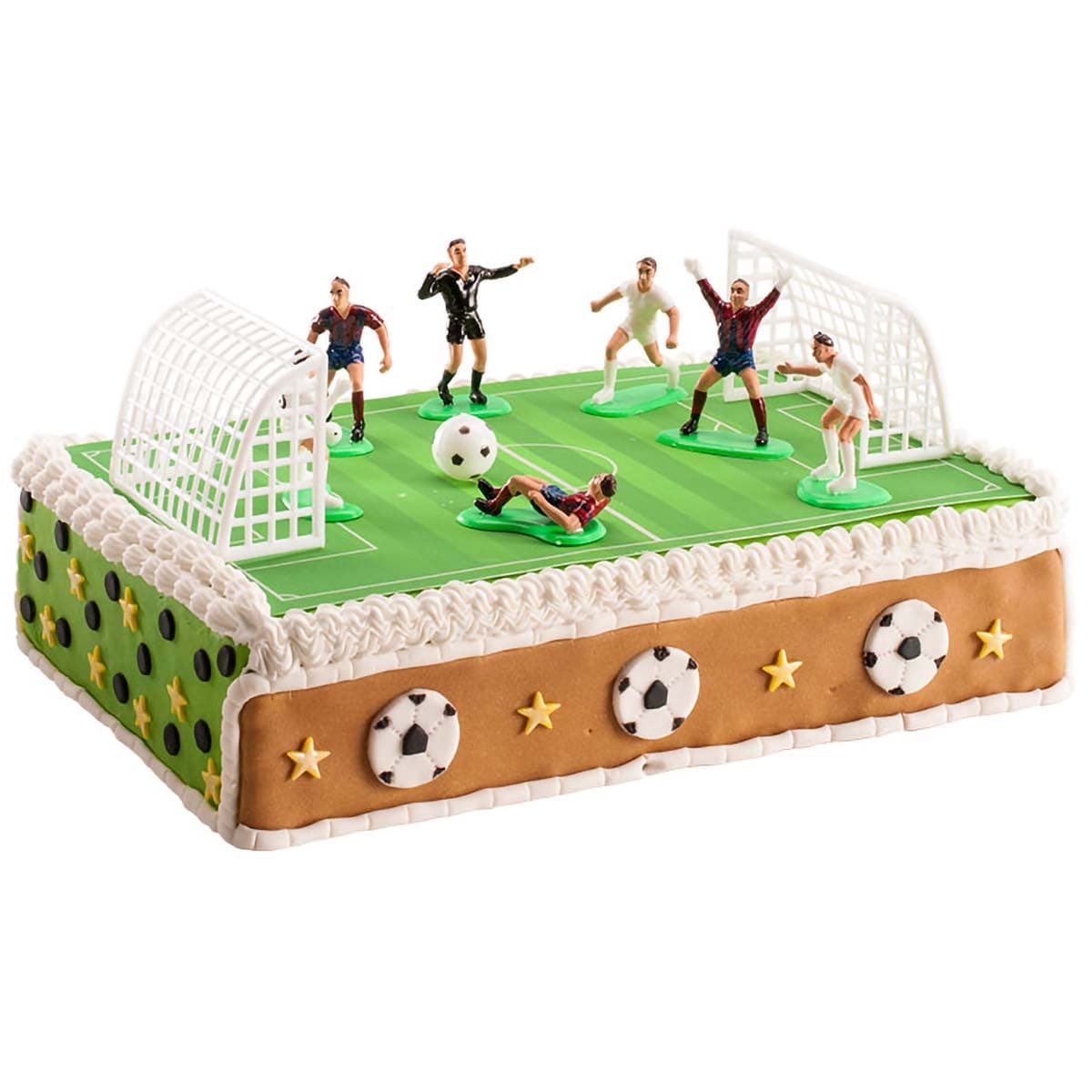 Jalkapalloaiheinen kakkukoristesetti – pelaajat, pallo ja maali
