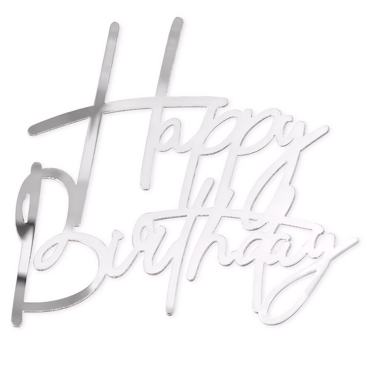 Akryyli kakkukoriste kakun sivulle - Happy Birthday, hopea