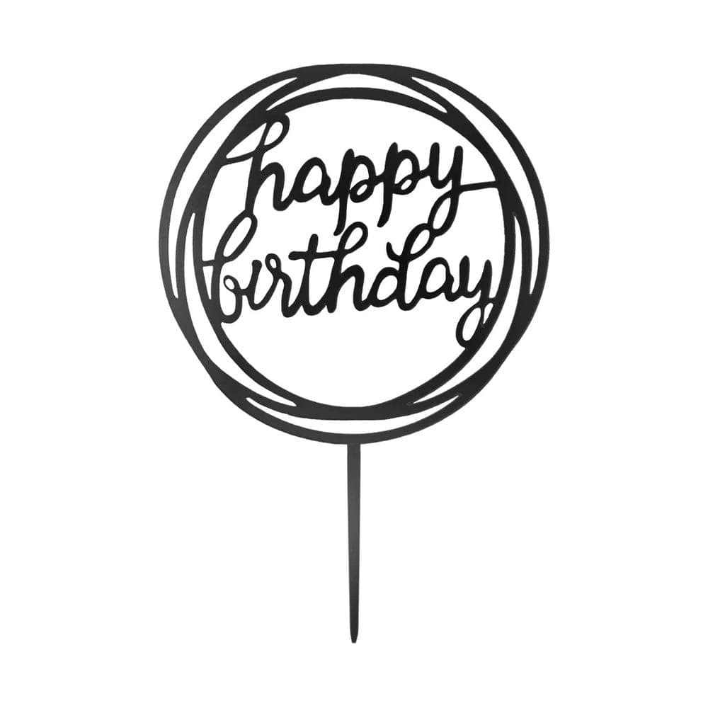 Akryylinen kakkukoriste - Happy birthday, musta, 17cm