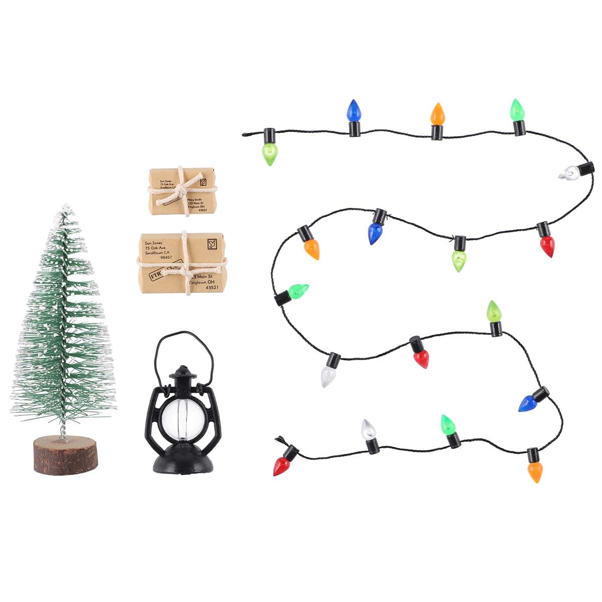 Miniatyyri joulukoristesetti – Kuusi, valot ja paketit