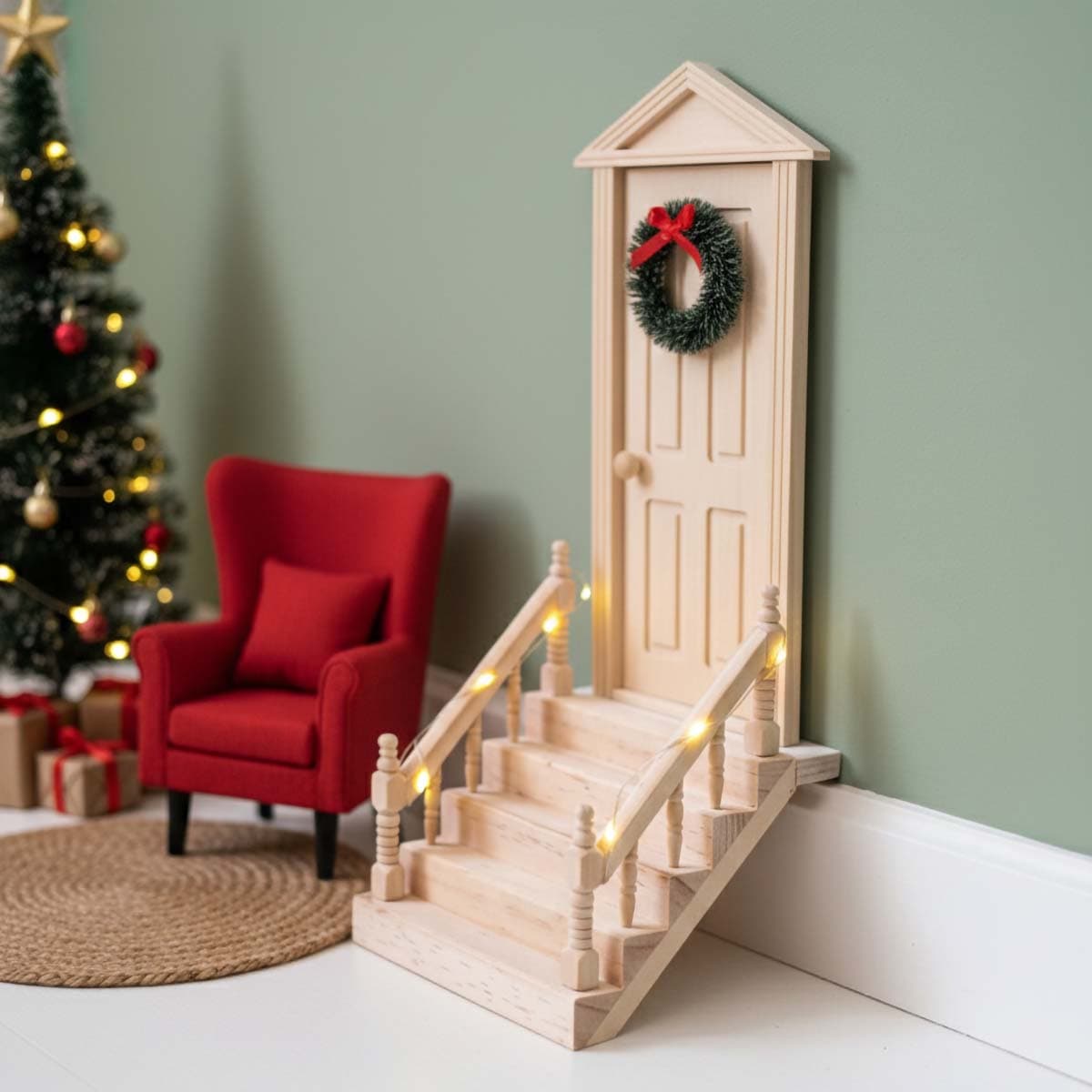 Miniatyyri – Avattava puinen tonttuovi, 18 cm