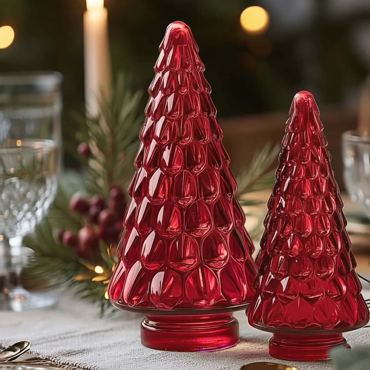 Pöytäkoriste - Lasinen kuusi, punainen, Ø 11 x 24 cm