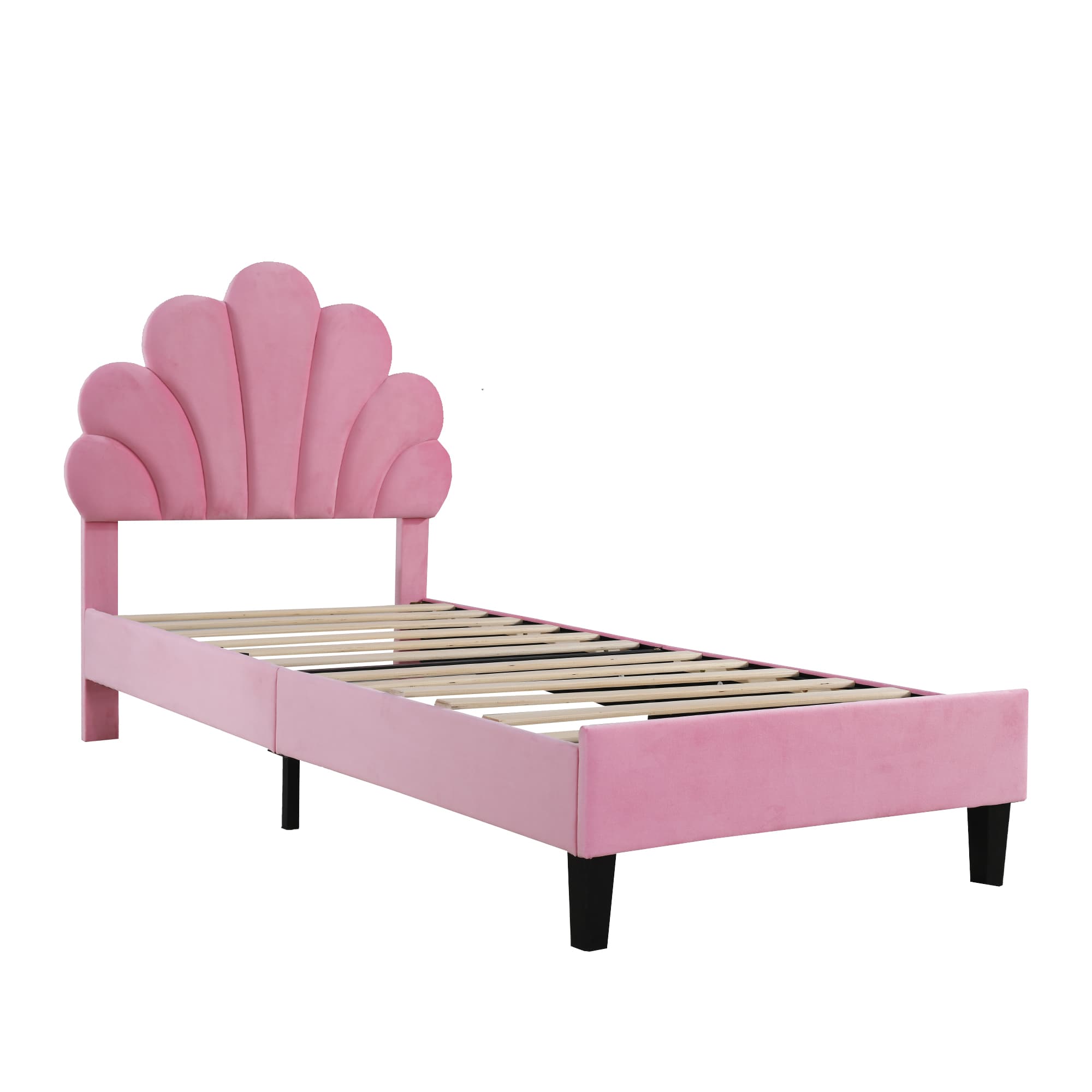 Verhoiltu lastensänky 90x200 cm, kukkakuvioinen sängynpääty ja sälepohja, samettipäällinen, pinkki