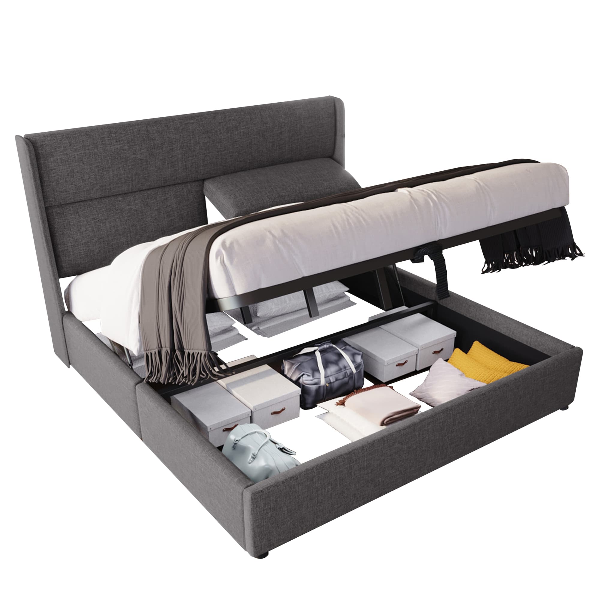 Verhoiltu parisänky, 180x200 cm, säädettävillä niskatuilla ja hydraulisella säilytystilalla, harmaa