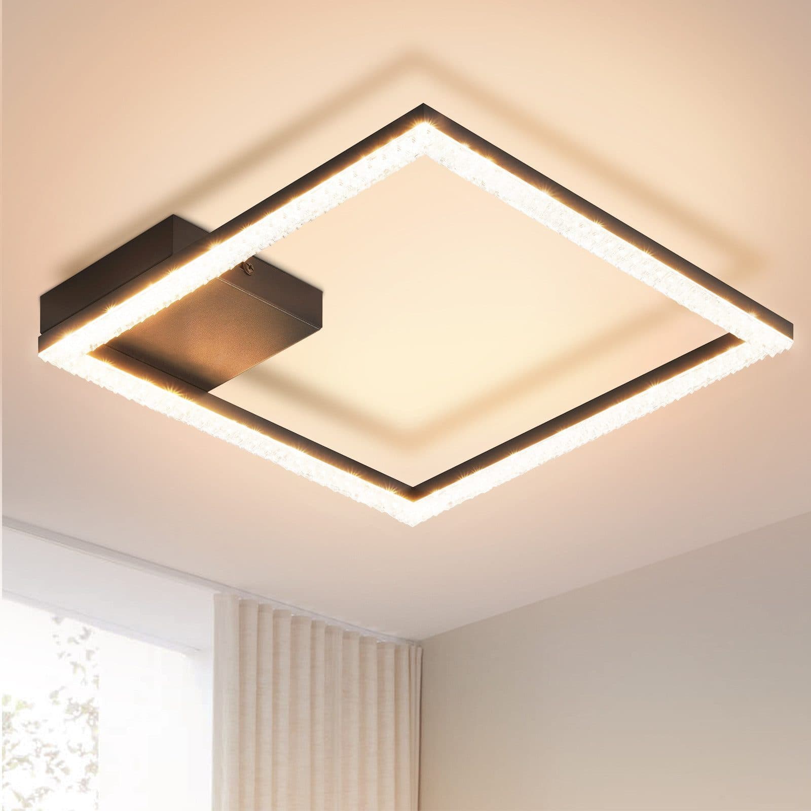 NETTLIFE LED - kattovalaisin, 12W, lämmin Valkoinen Kristallilamppu, 3000KValo, musta, moderni, neliönmuotoinen, metallivalaisin
