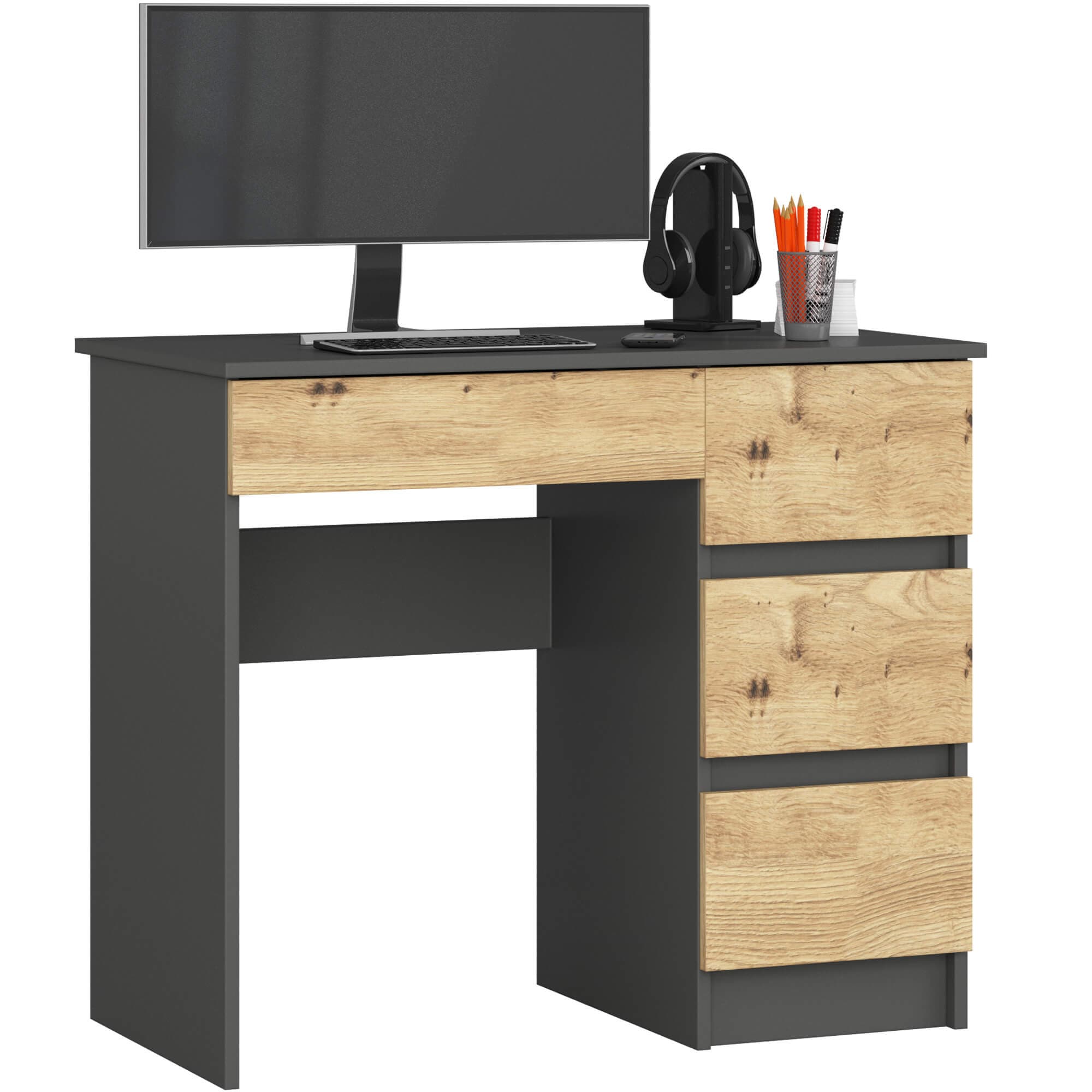 Akord Kirjoituspöytä 3 Laatikkoinen Oikea Grafiitti/Artisan-tammi 90x50x77