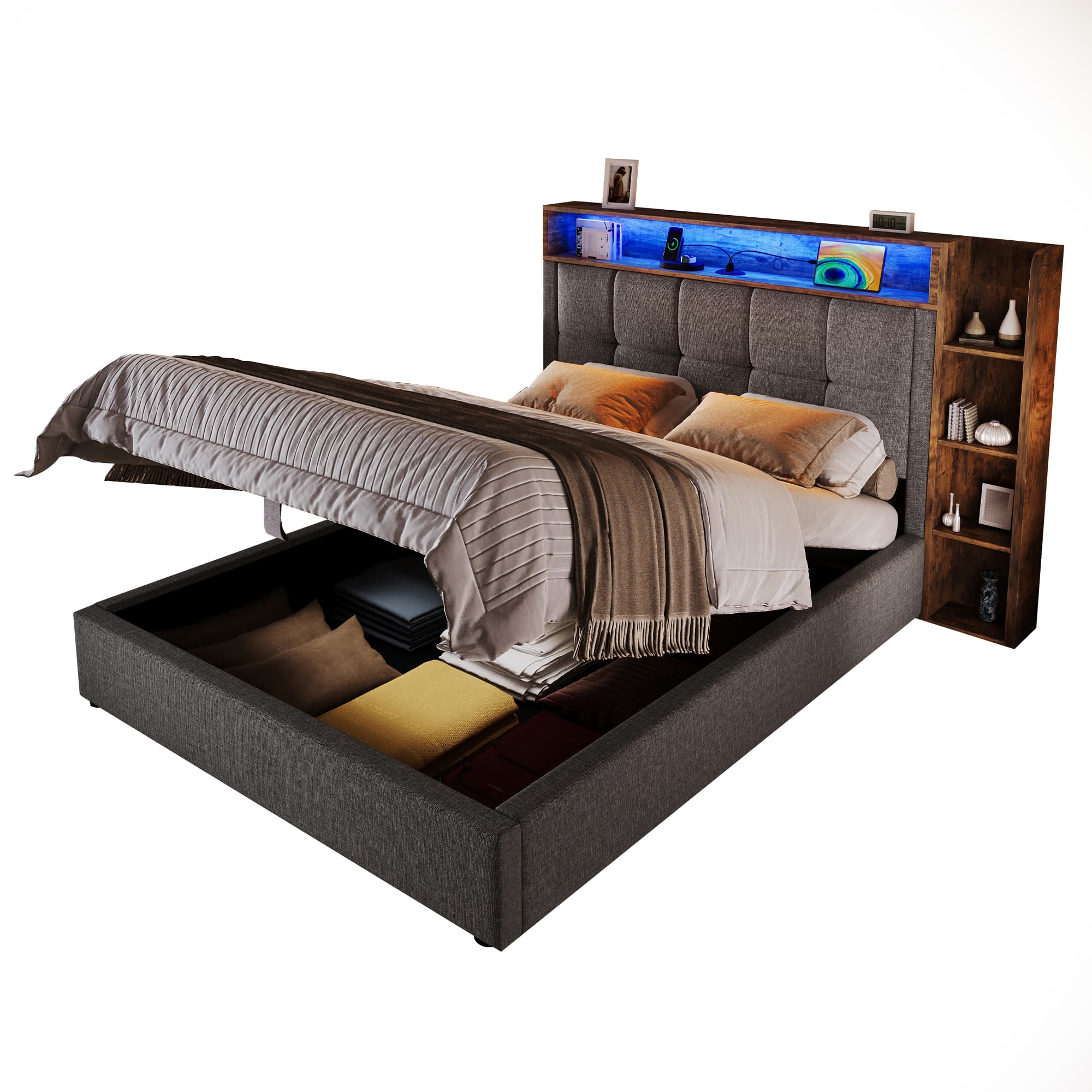 Verhoiltu sänky 90x200 cm, yhden hengen sänky LED-valolla ja USB Type-C -lataustoiminnolla, pellava, harmaa