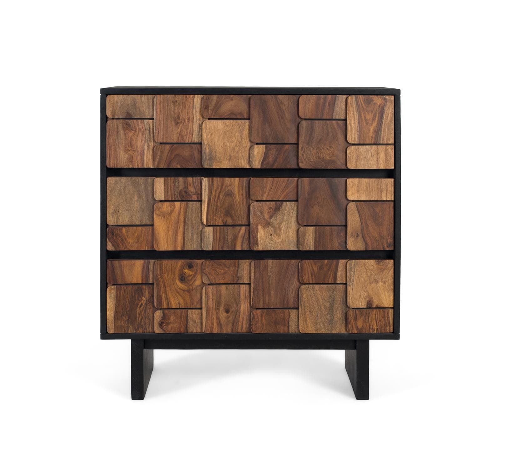 Massiivimangopuinen lipasto metallirungolla