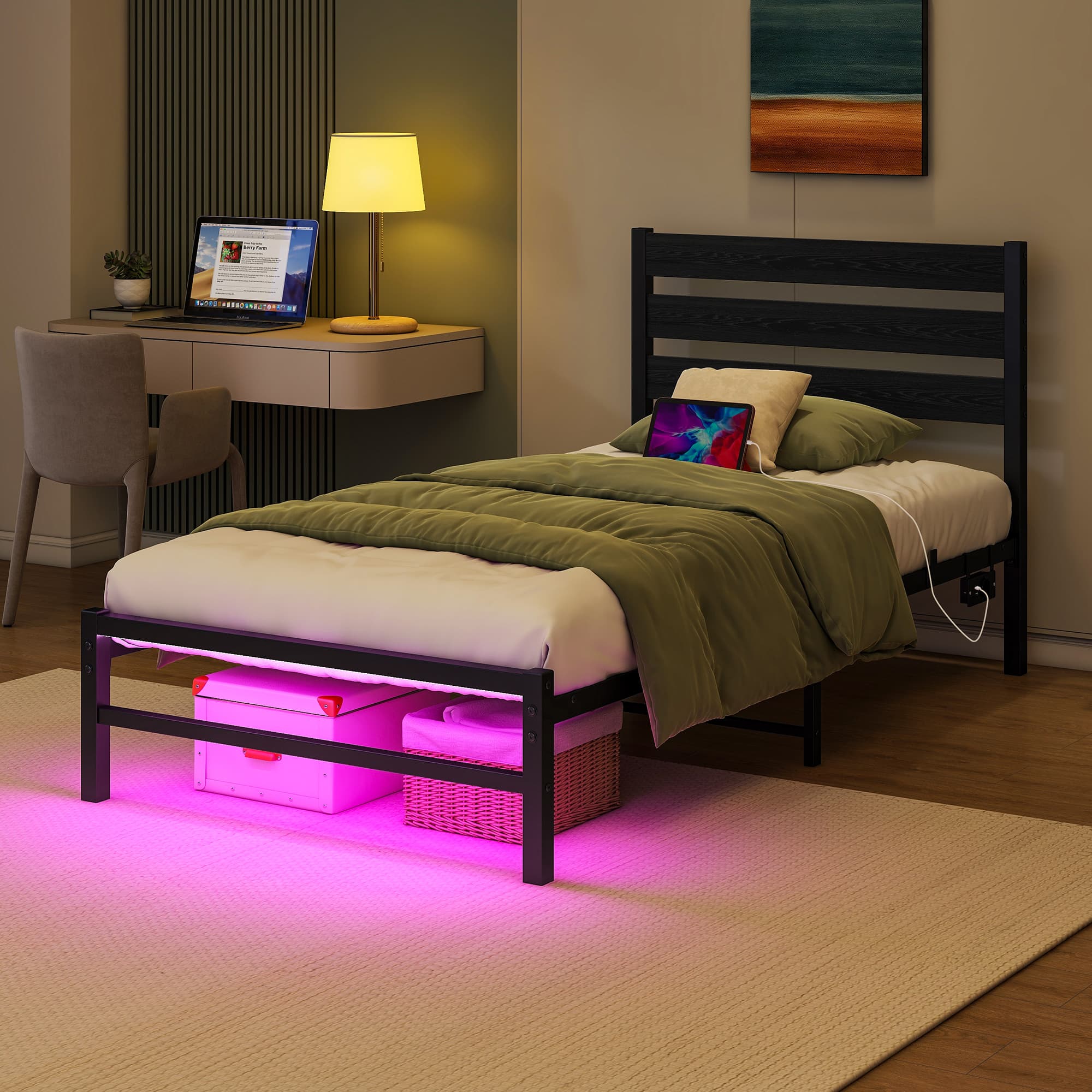 Sängynrunko 90x200, metallirunko, USB, LED, vahva terästuki, hiljainen, musta
