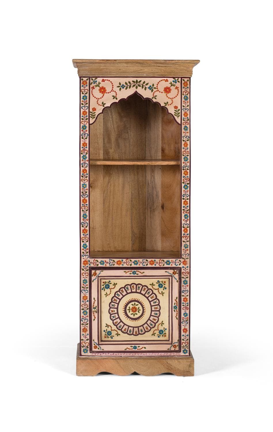 Kirjahylly mangopuusta, käsinmaalatut kukkakoristeet