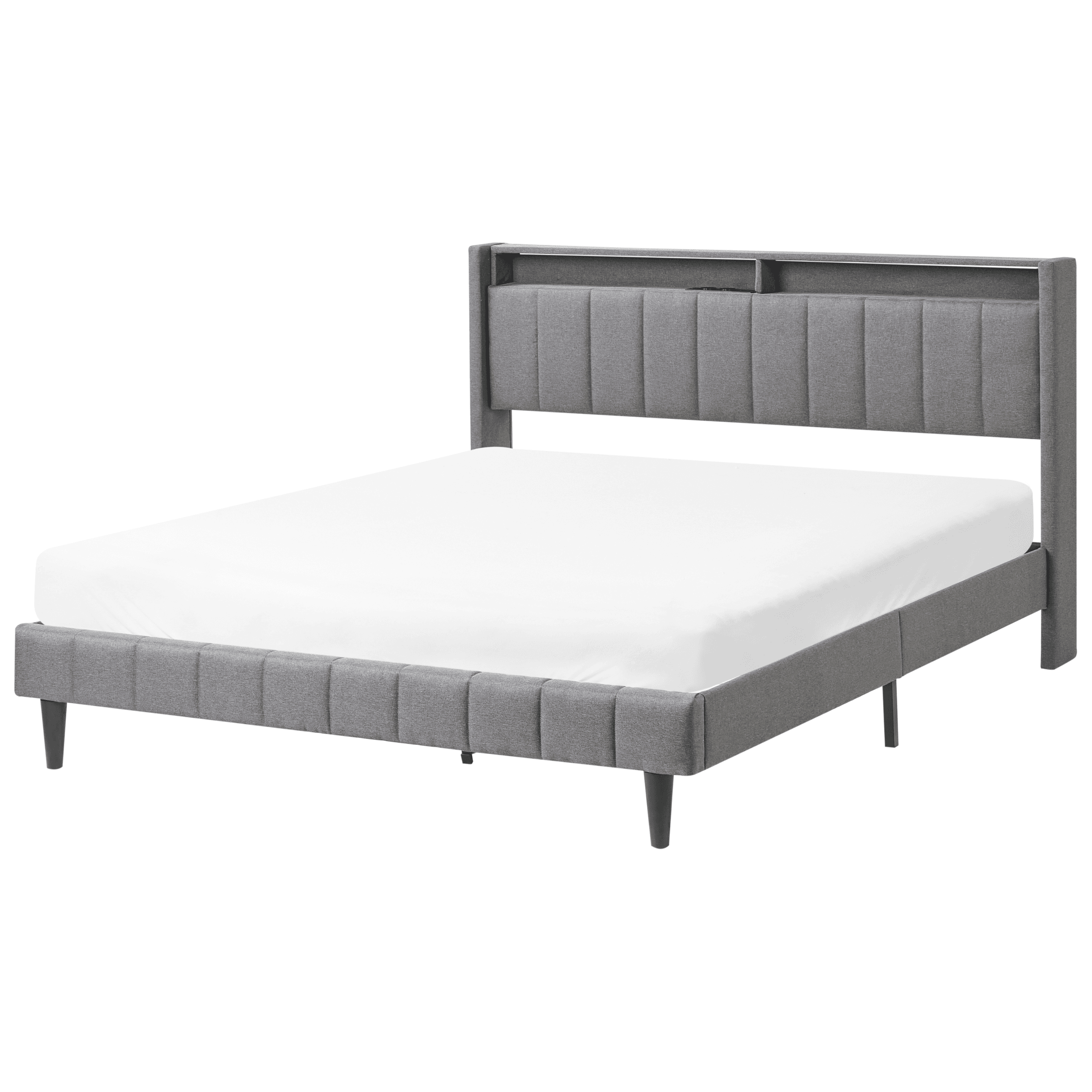 Sänky LED-valoilla kangas BEAULIEU 160 x 200 cm USB-portilla säilytystila Tummanharmaa