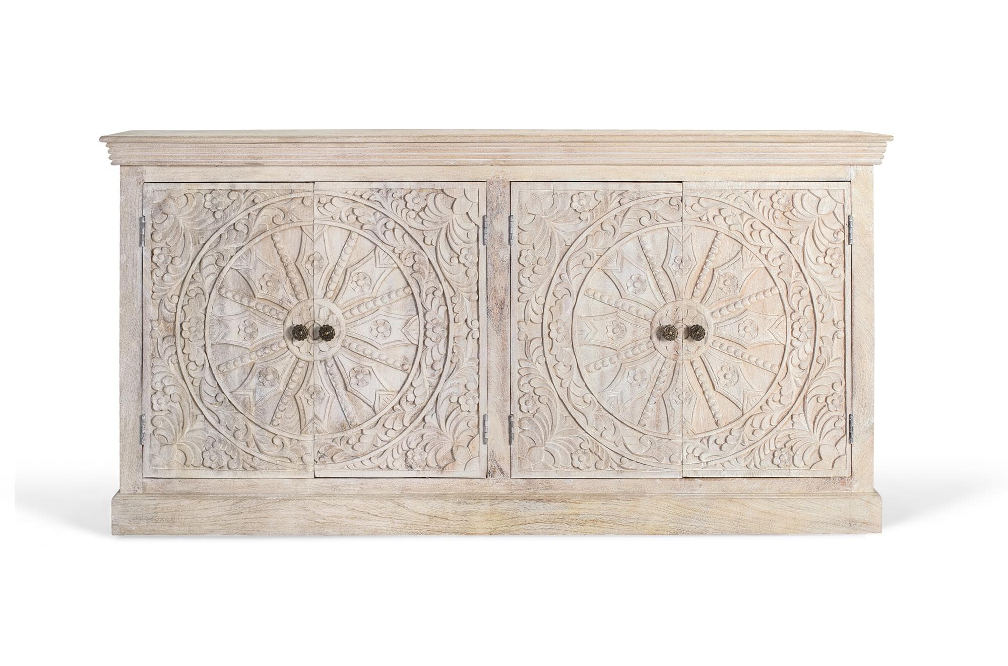 Käsintehty mangopuinen senkki, jossa on neljä ovea