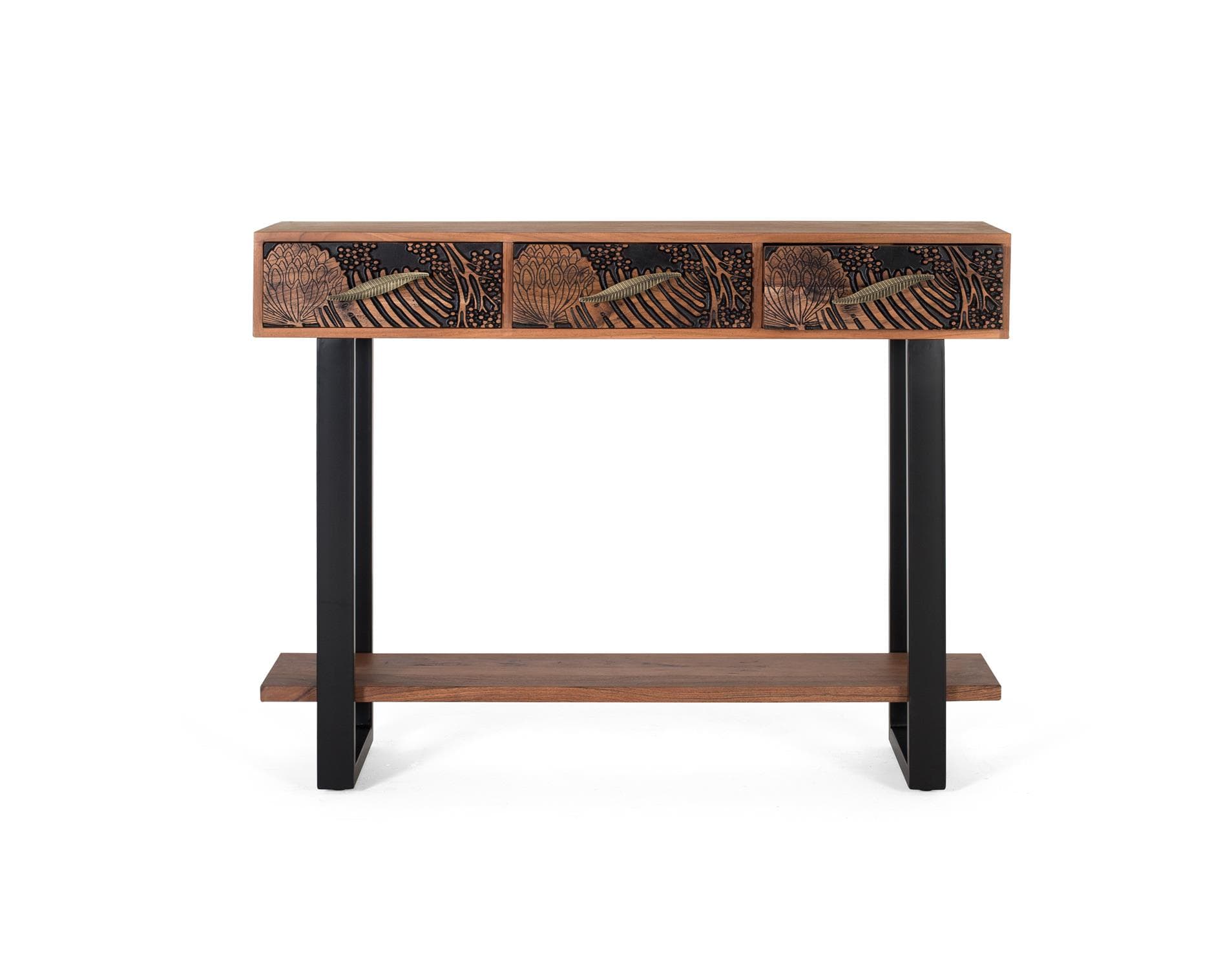 Ruskeaksi petsatusta akaasiapuusta valmistettu konsolipöytä
