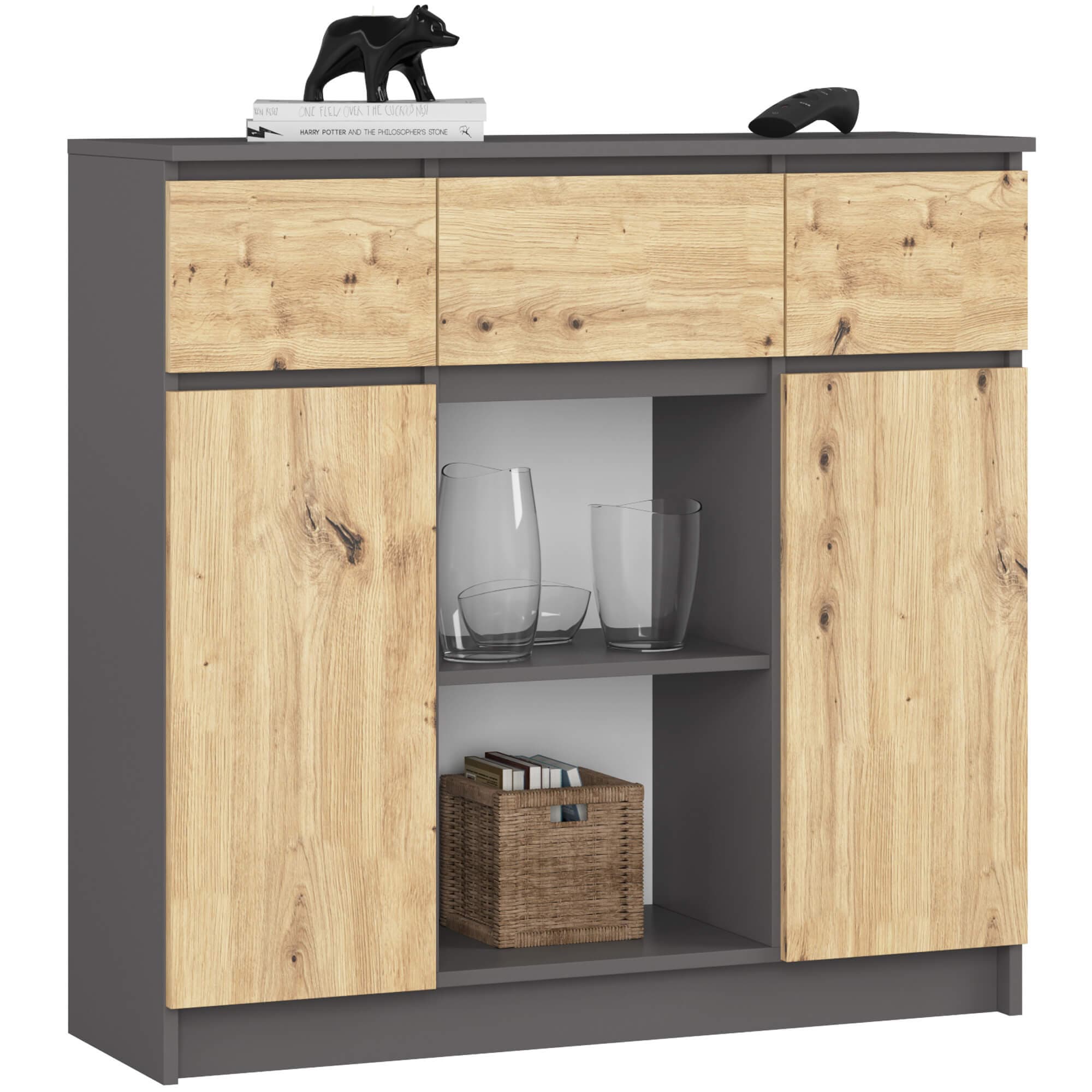 Akord Lipasto 2 Ovea 3 Laatikoa + 1 Pieni Ovi Harmaa Grafiitti/Artisan-tammi 101x35x98