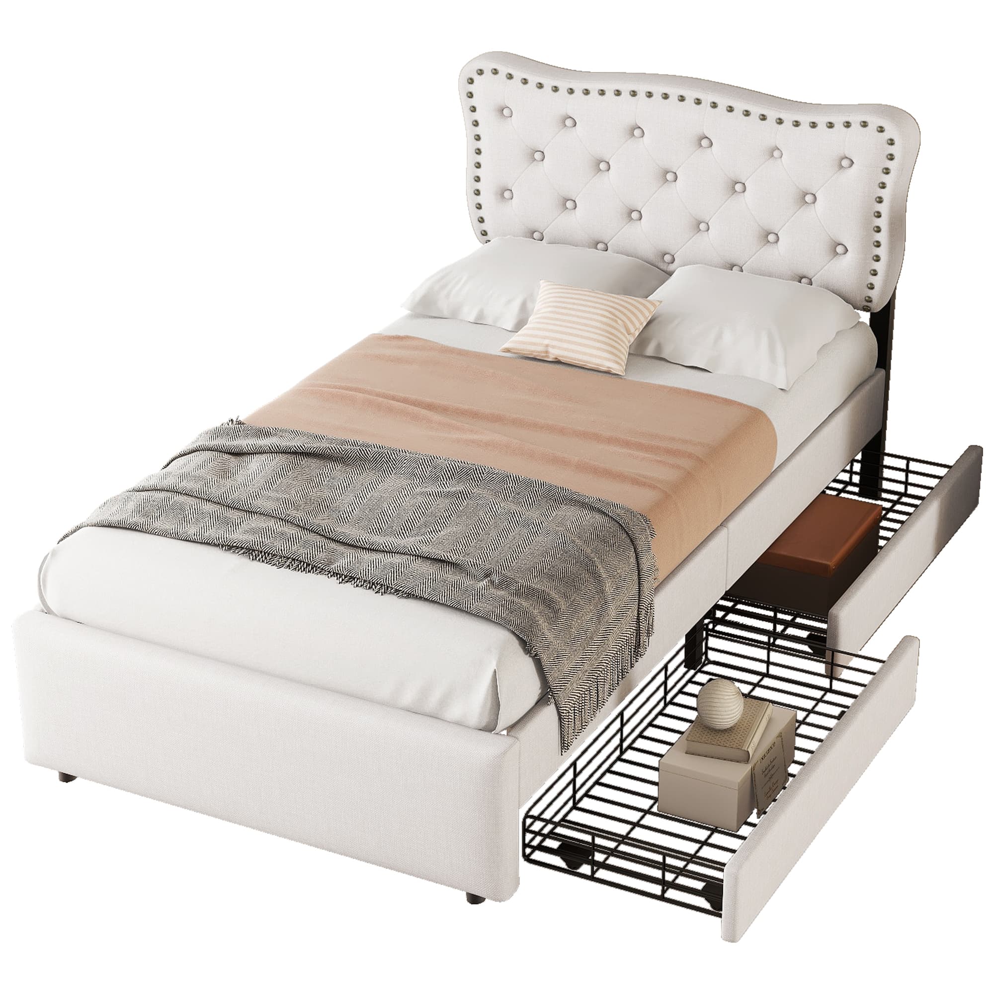 Verhoiltu sänky 90 x 200 cm, yhden hengen sänky kahdella laatikolla, sängynpääty koristeellisilla niiteillä, vaalea beige