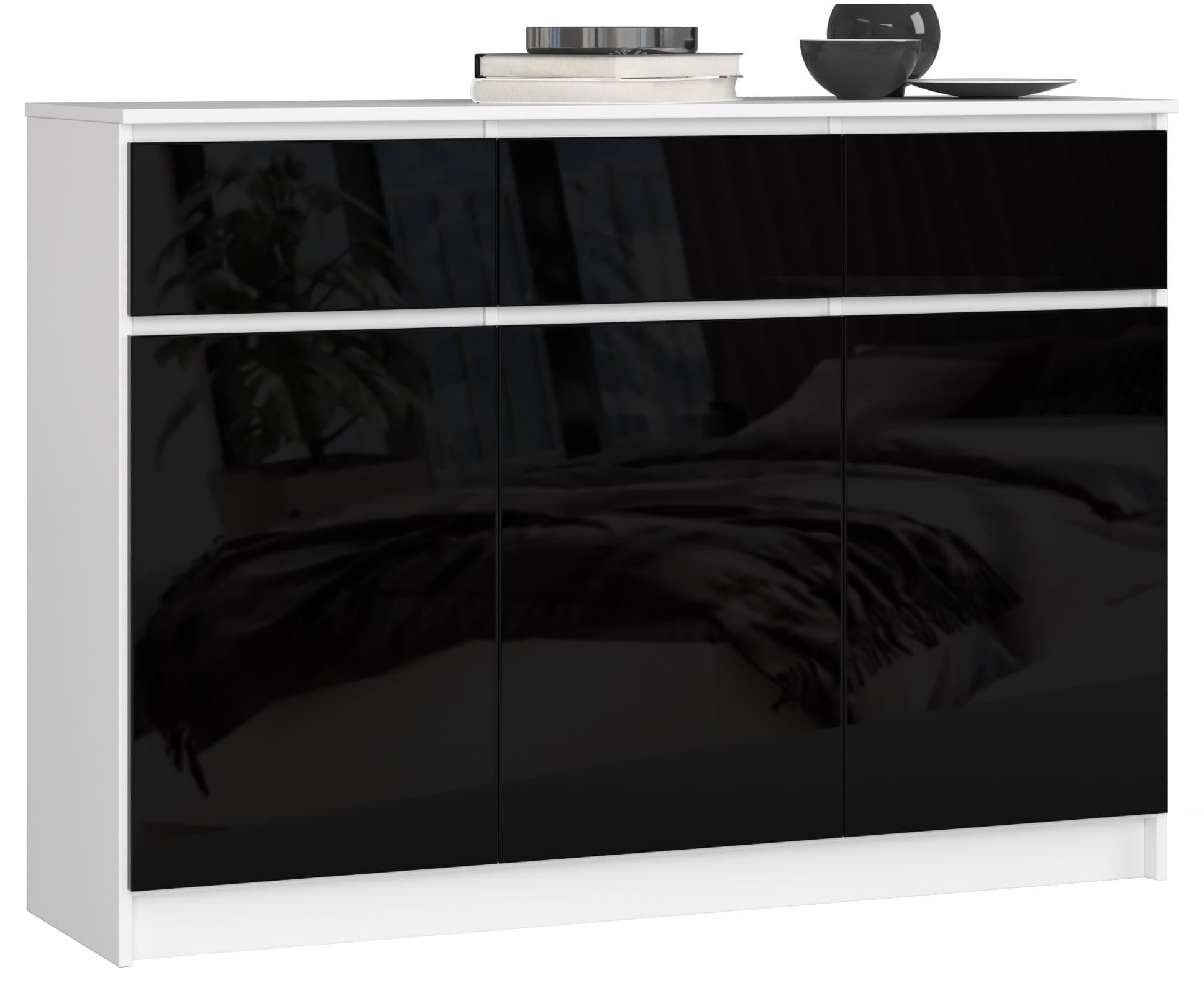 Akord Lipasto 3 Ovet 3 Laatikkoa Valkoinen/Musta Korkeakiilto 138x40x99