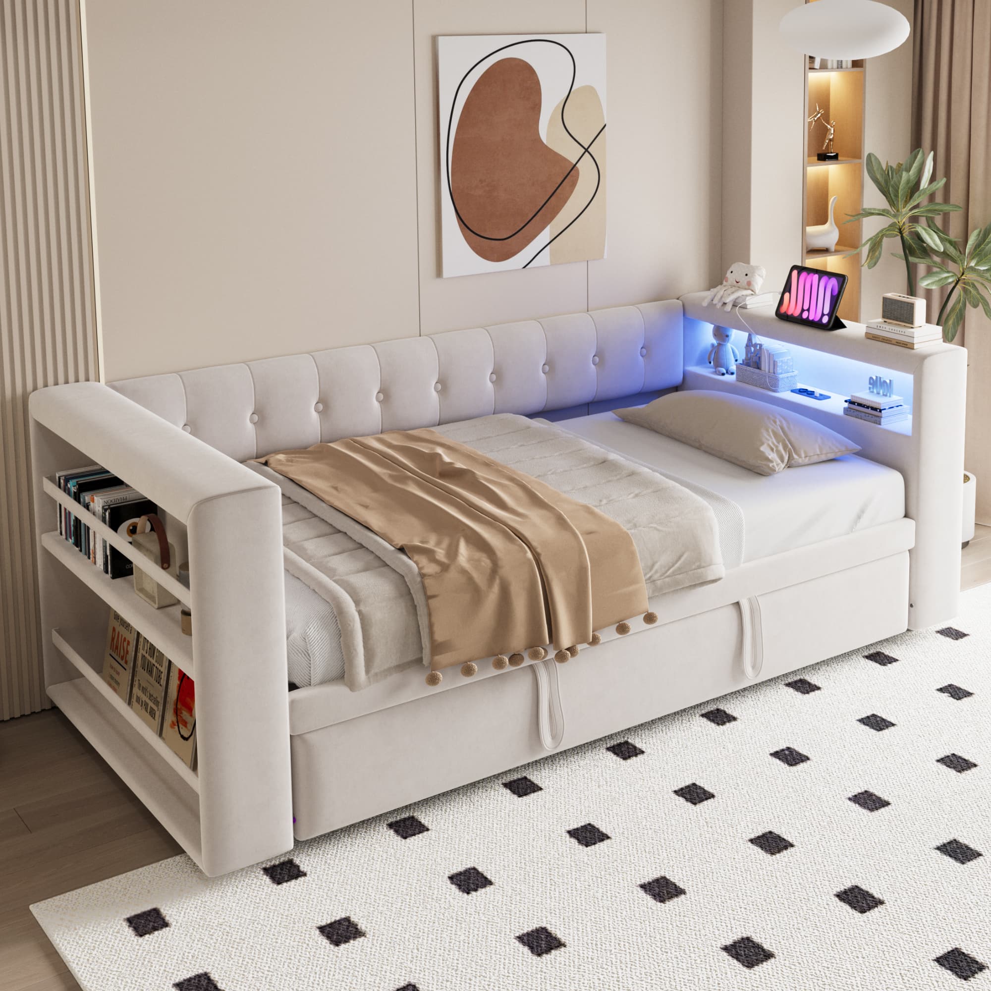 Verhoiltu parisänky 90/180x190, LED-valoilla, pistorasioilla ja säilytystilalla, beige