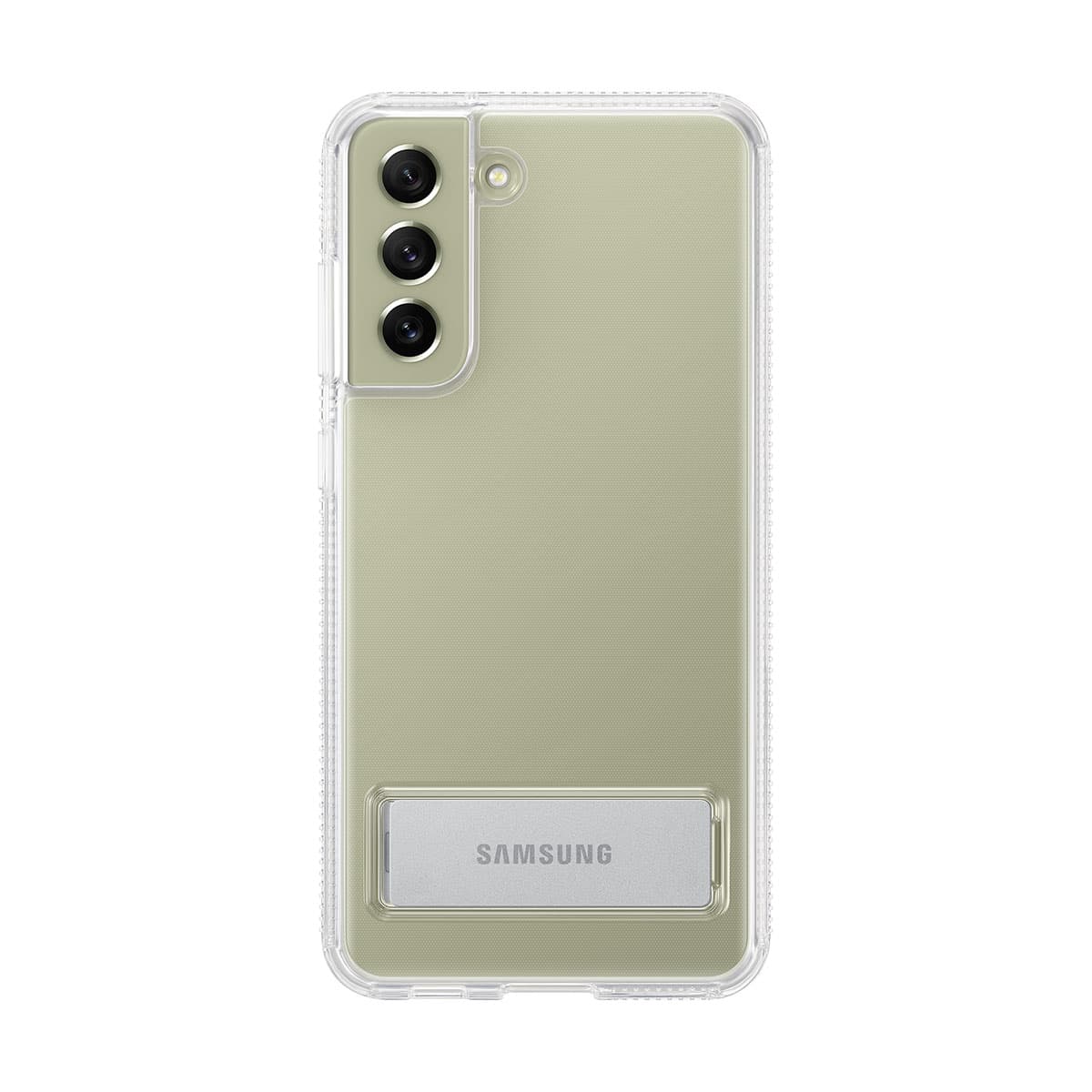 Samsung Galaxy S21 FE 5G -puhelimen läpikuultava kuori jalustatoiminnolla