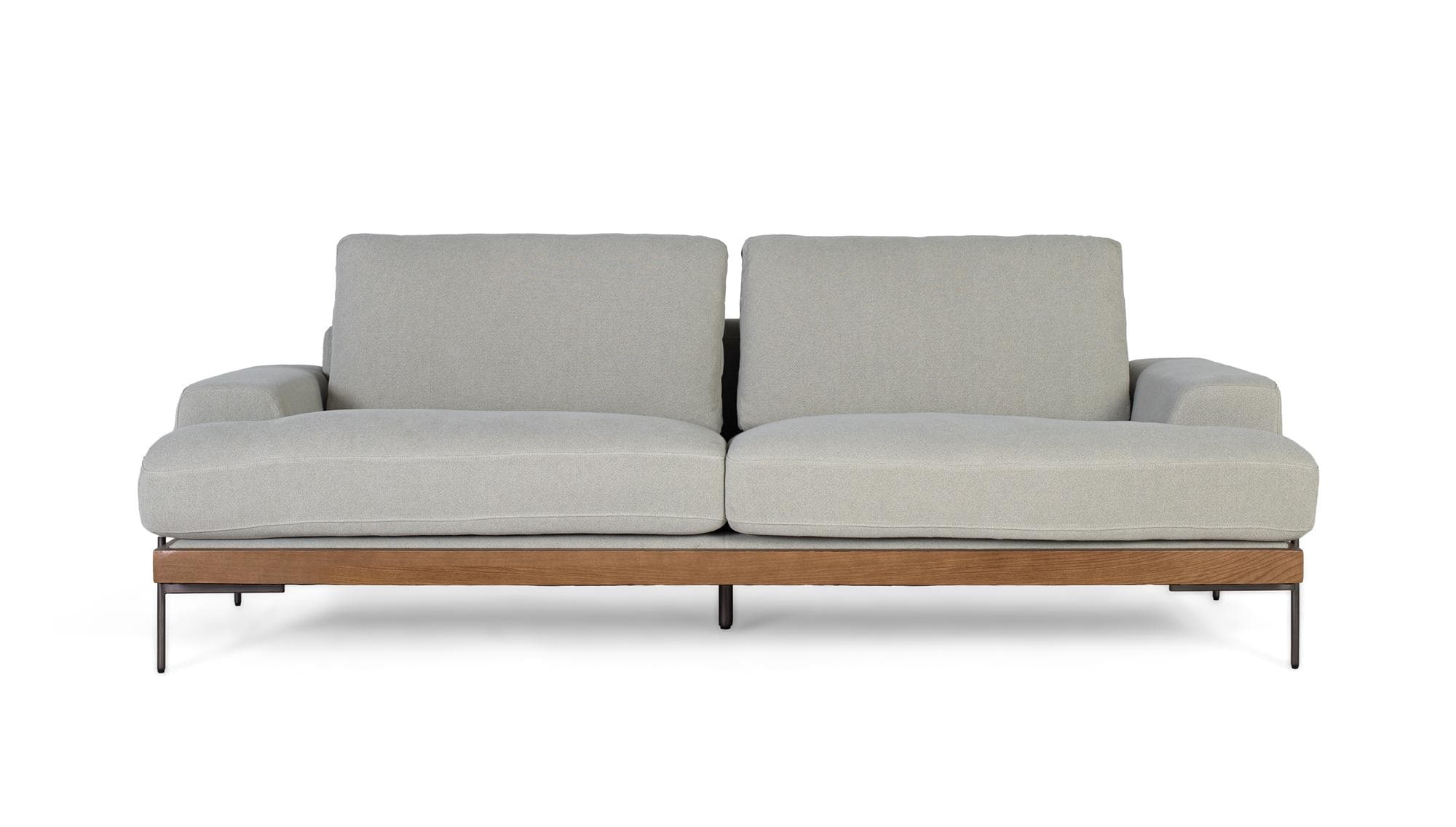 Harmaalla pellavakankaalla verhoiltu sohva, metallijalat, 6 istuttavaa