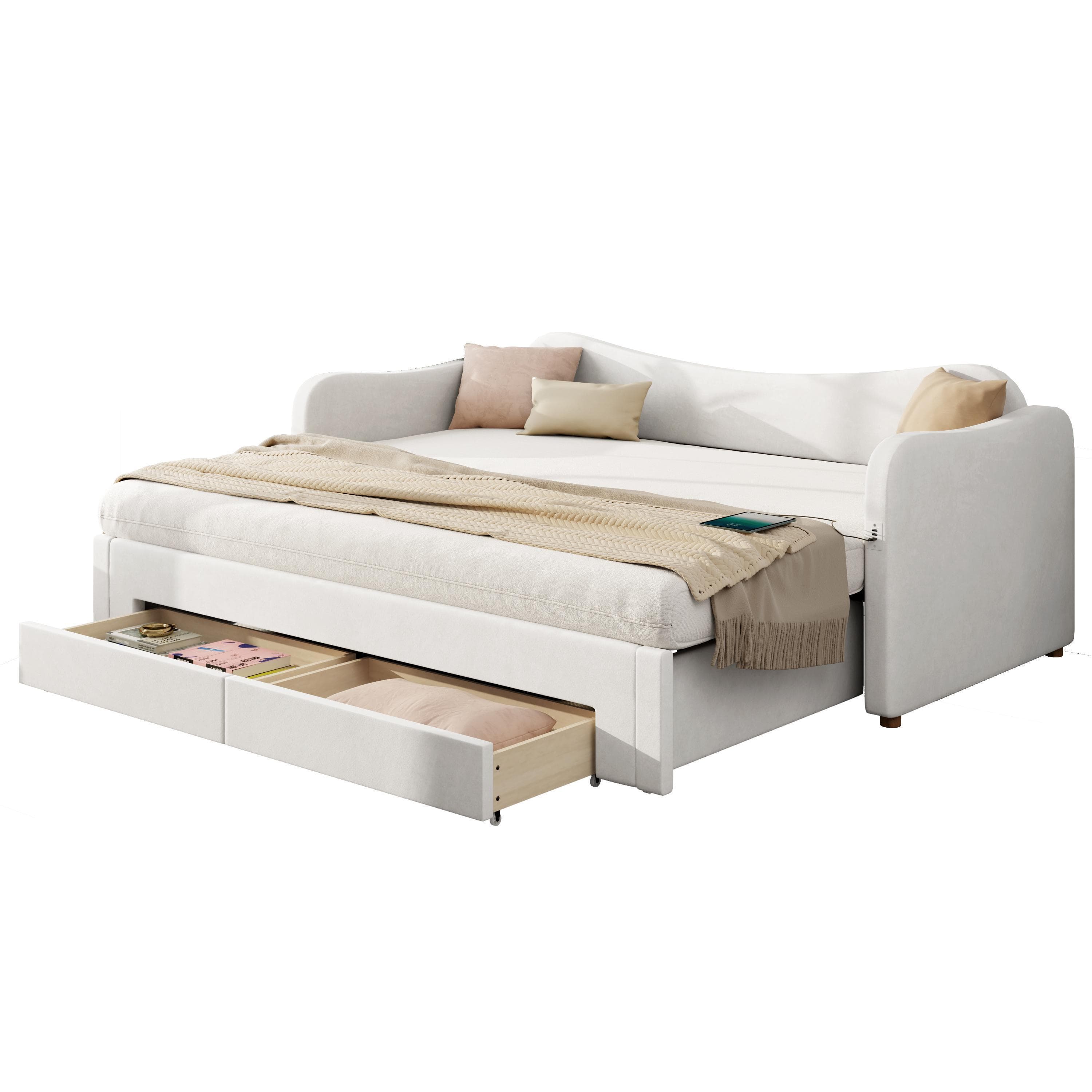 Verhoilusänky 90x200 cm USB-liitännällä, beige samettia