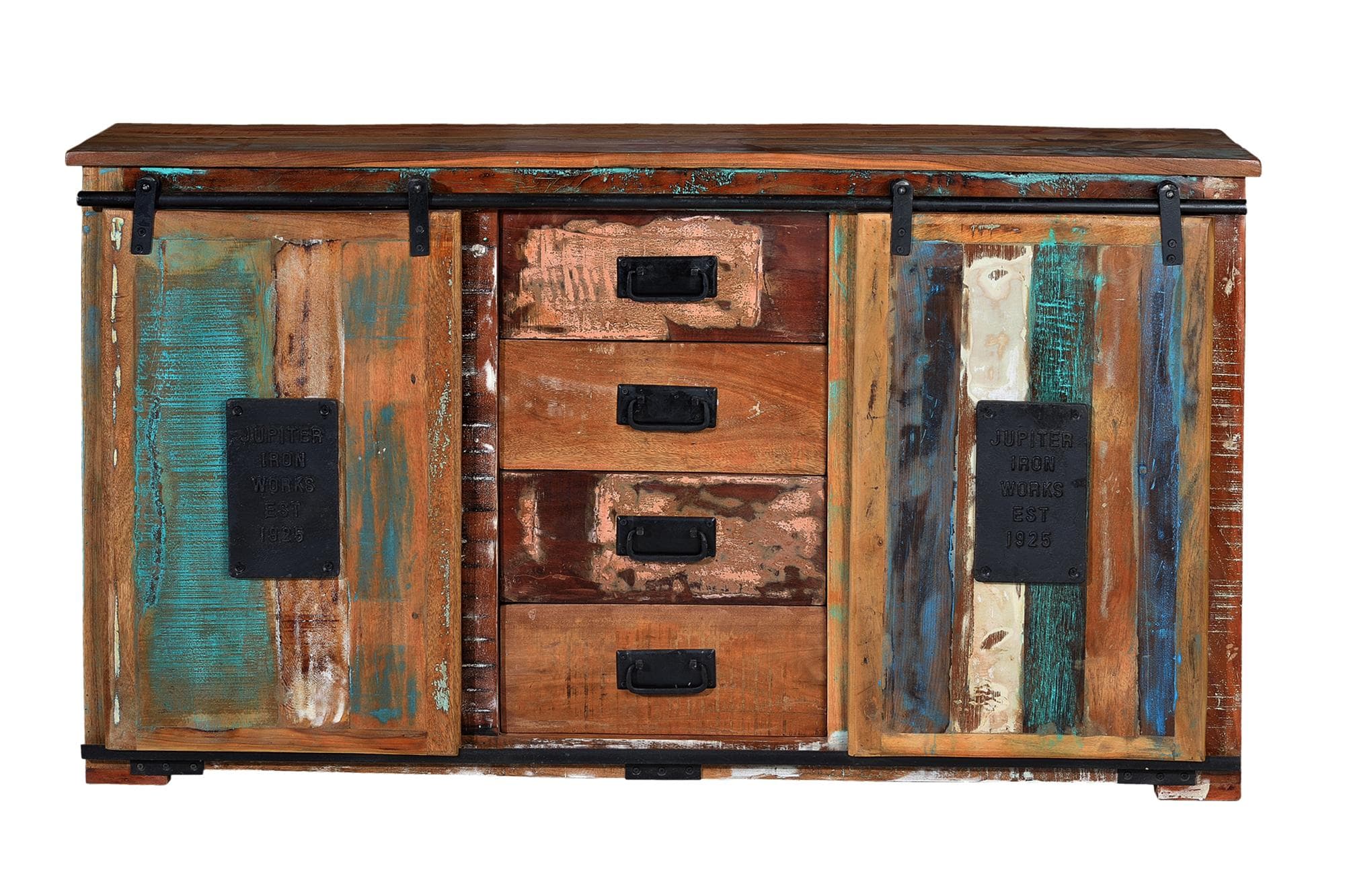 Ainutlaatuinen monivärinen kierrätyspuusta valmistettu senkki