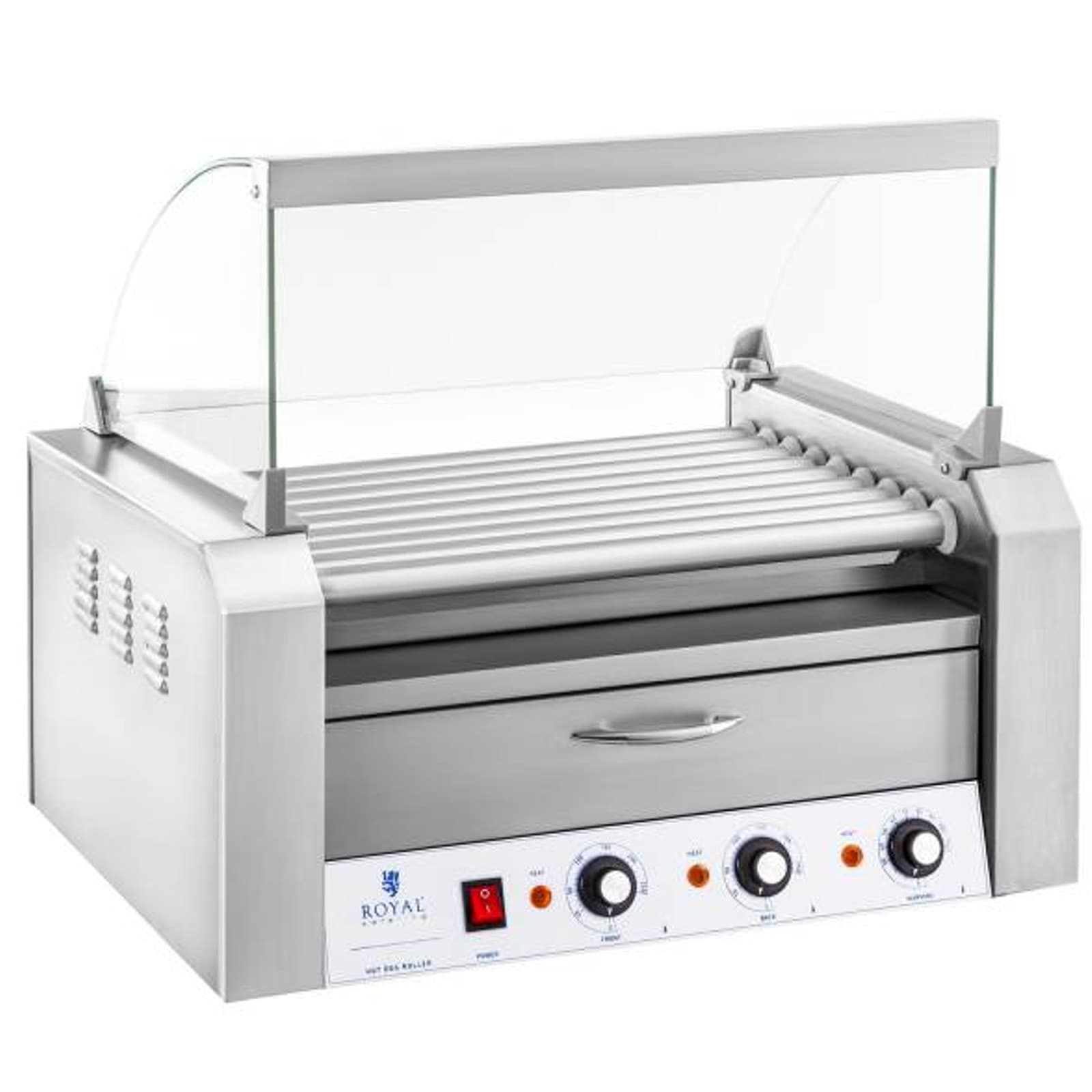 Rullagrilli kannella ja sämpylöiden lämmityslaatikolla 16 Hot Dog -makkaraa 2200W 230V Royal Catering