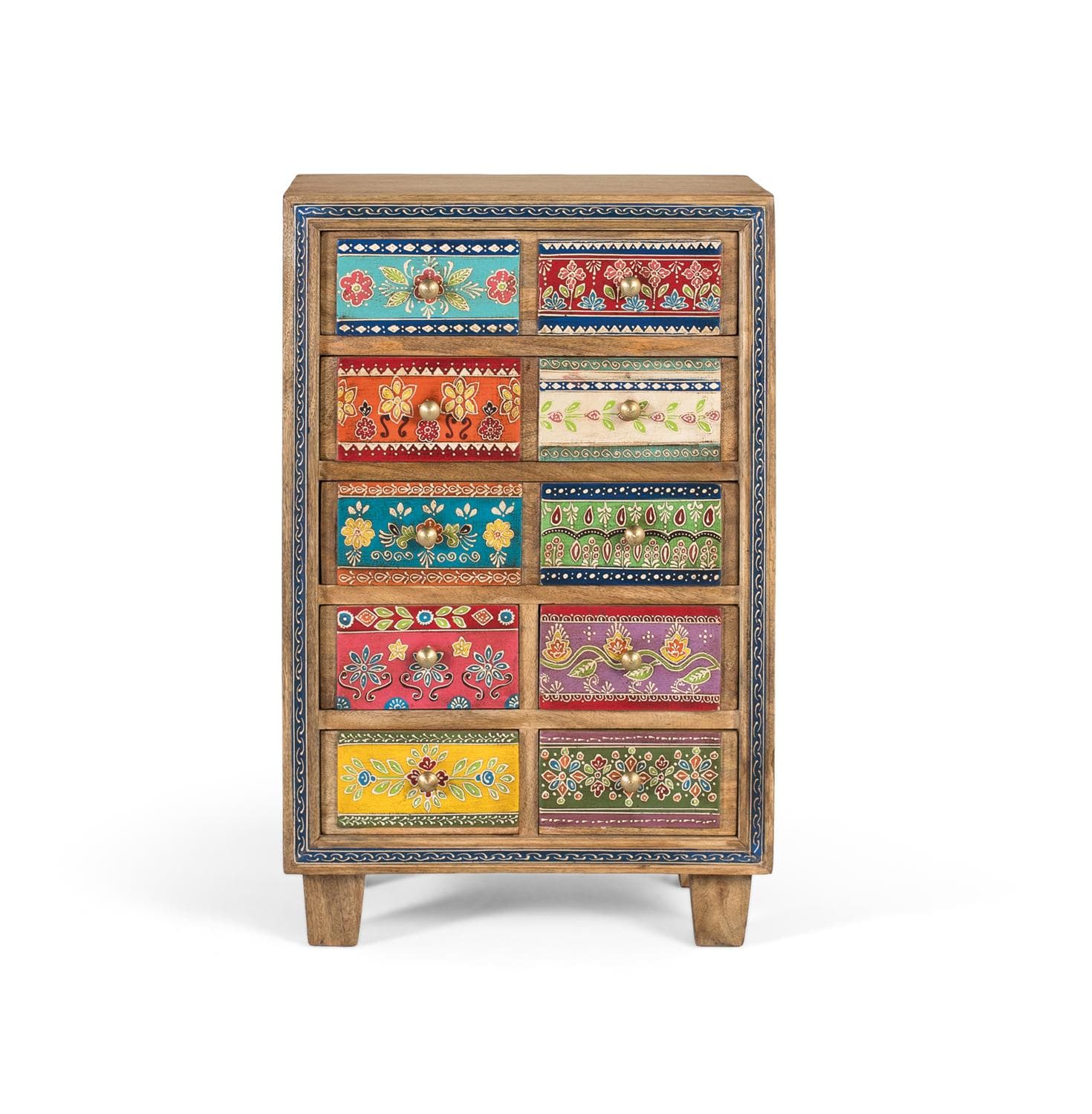 Sivupöytä mangopuusta ja käsinmaalatuista yksityiskohdista