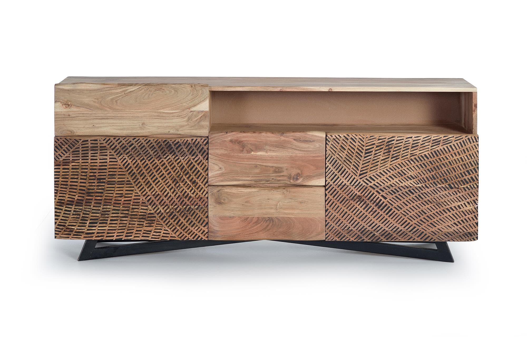 Akaasiapuusta valmistettu senkki, jossa metallijalat luonnonvärisenä ja mustana