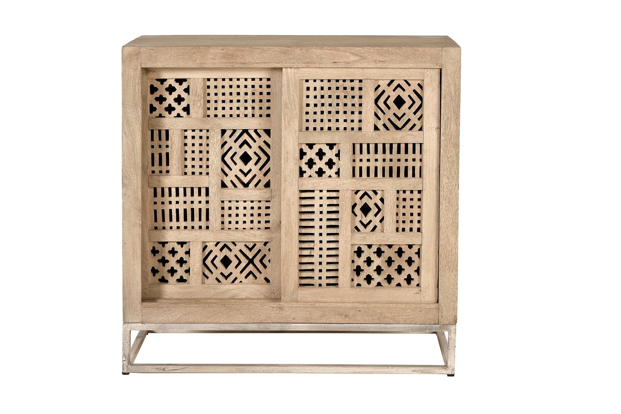 Mangopuusta valmistettu senkki luonnonvärisillä metallijaloilla