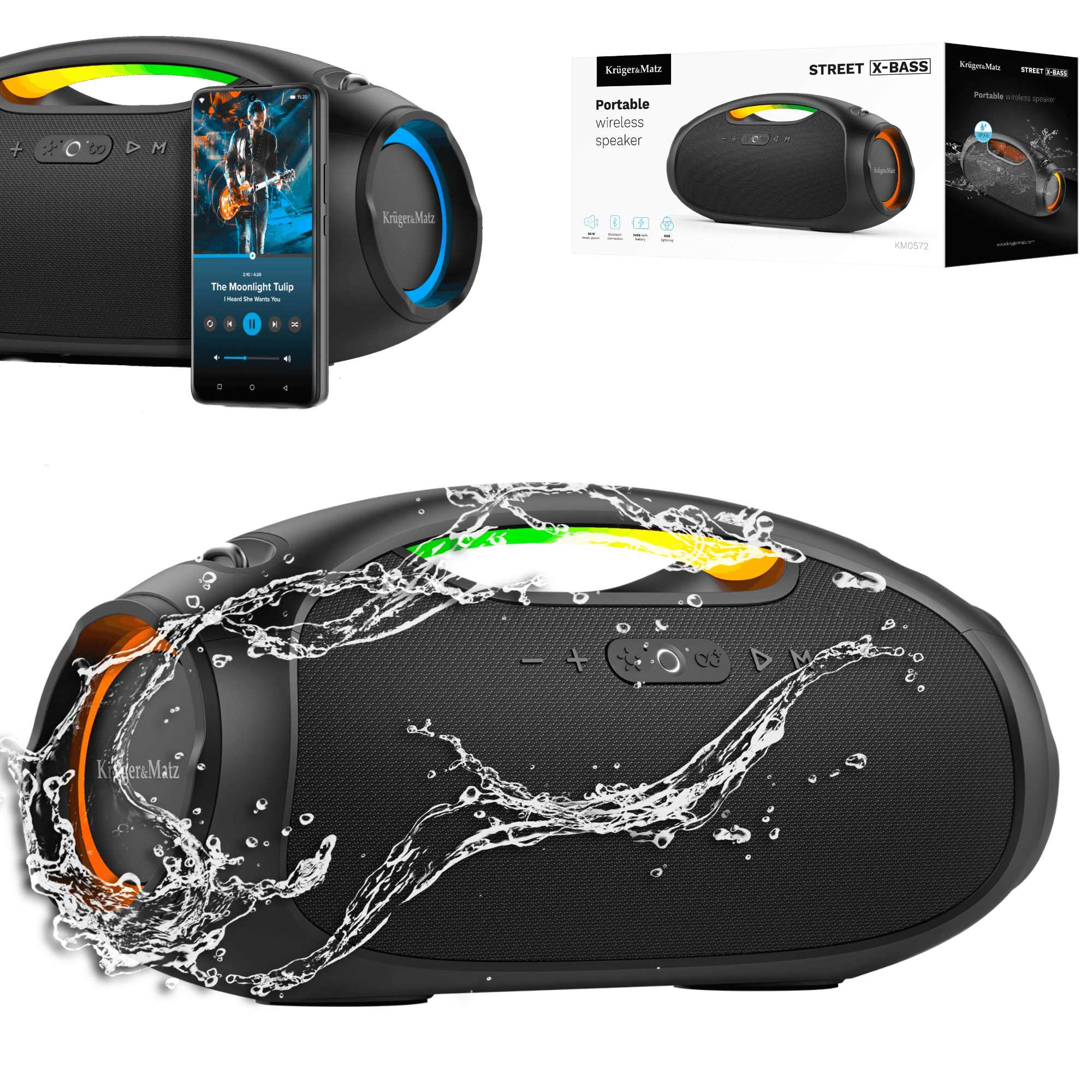 Kannettava vedenpitävä Bluetooth-kaiutin 60 W AUX Kruger&Matz Street X-BASS