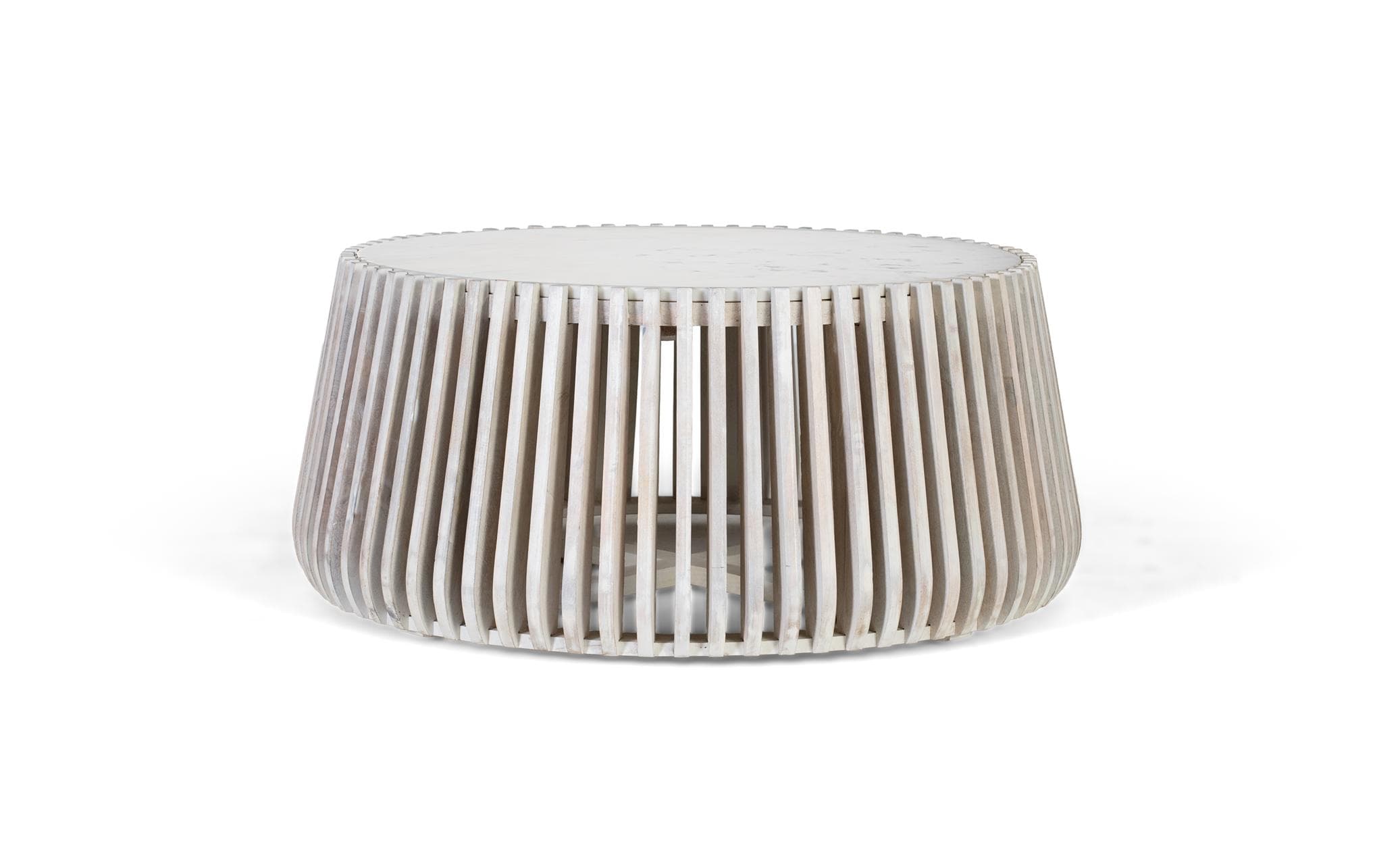 Pyöreä sohvapöytä valkoisesta marmorista ja mangopuusta