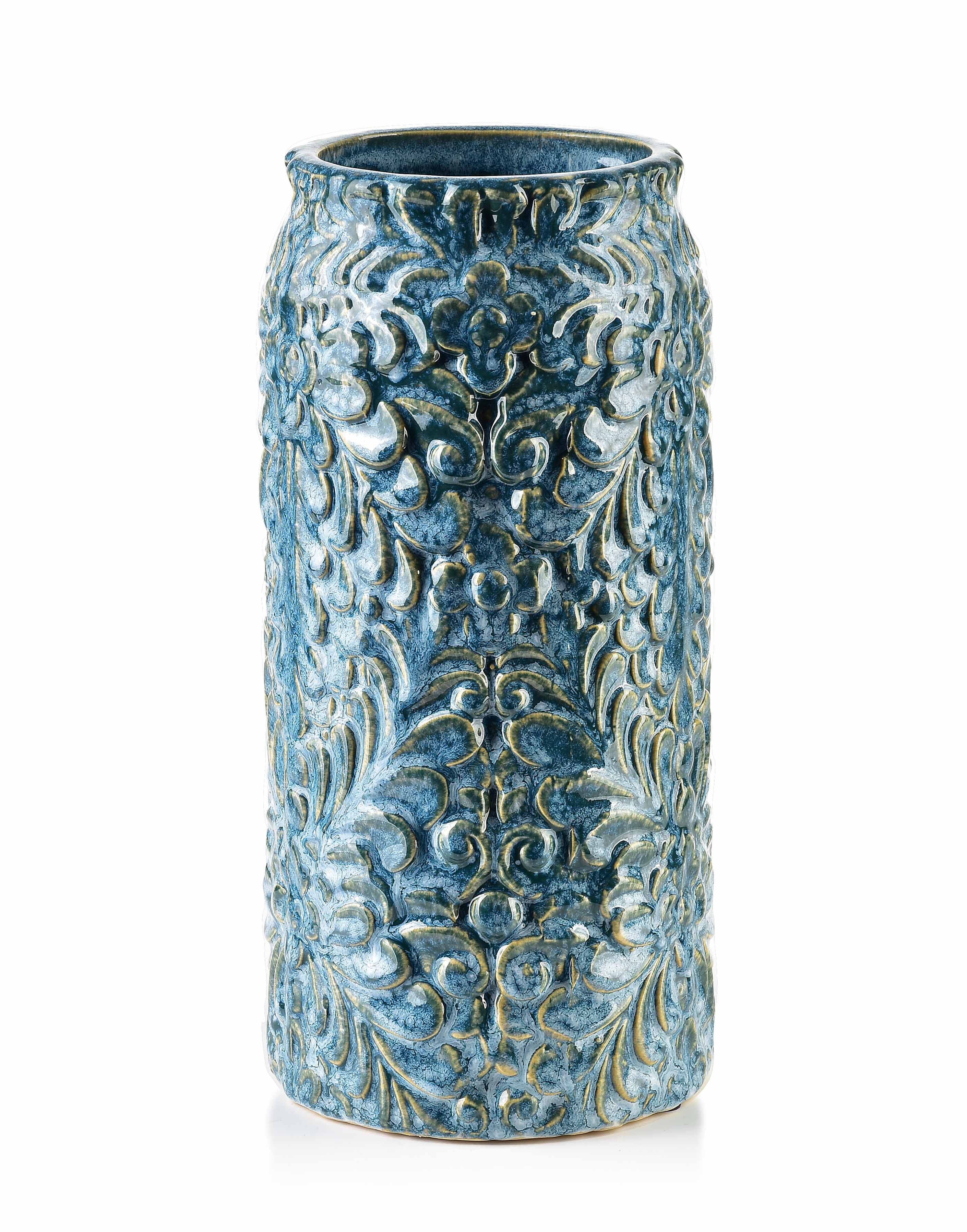 MONDEX keramiikkamaljakko, sininen, käsin koristeltu, 10,5 x 26 cm