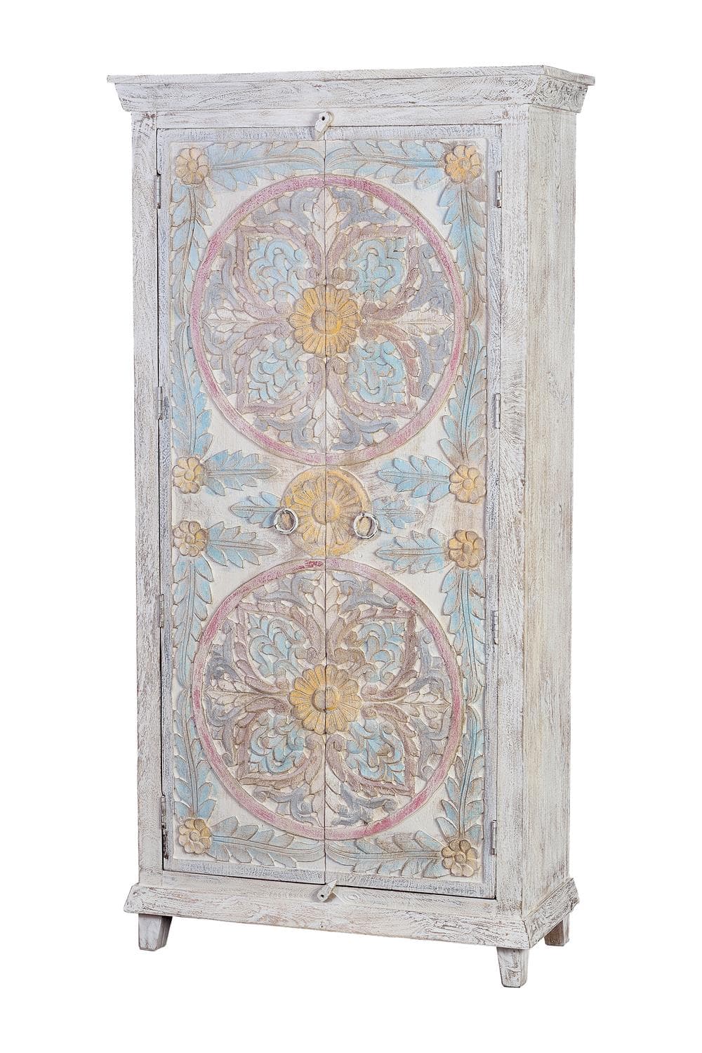 Mangopuusta valmistettu vaatekaappi, jossa on pastellisävyisiä vanhentuneita yksityiskohtia