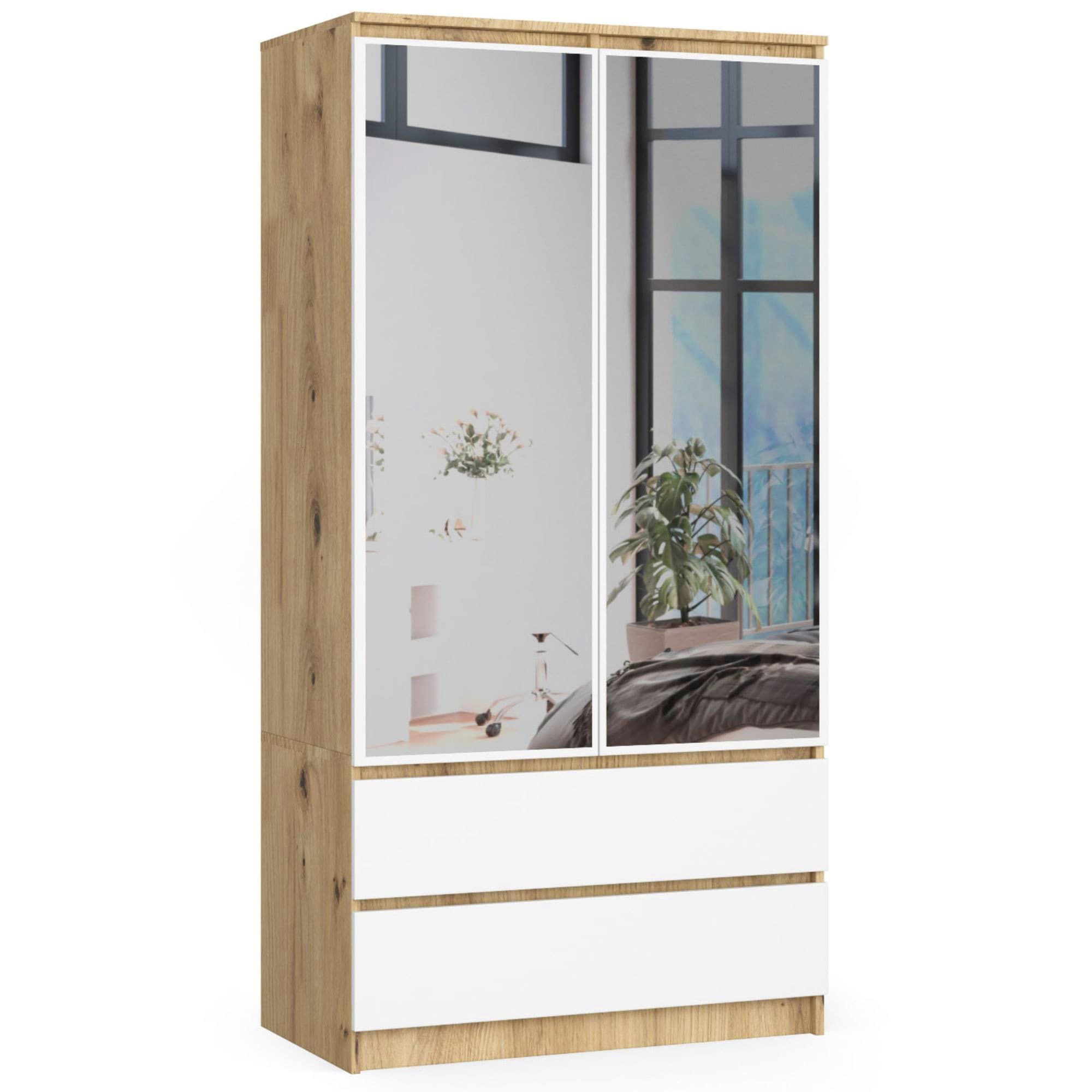 Akord Vaatekaappi 2-ovinen 2-laatikollinen 2-peilinen Artisan-tammi/Valkoinen 90x51x180