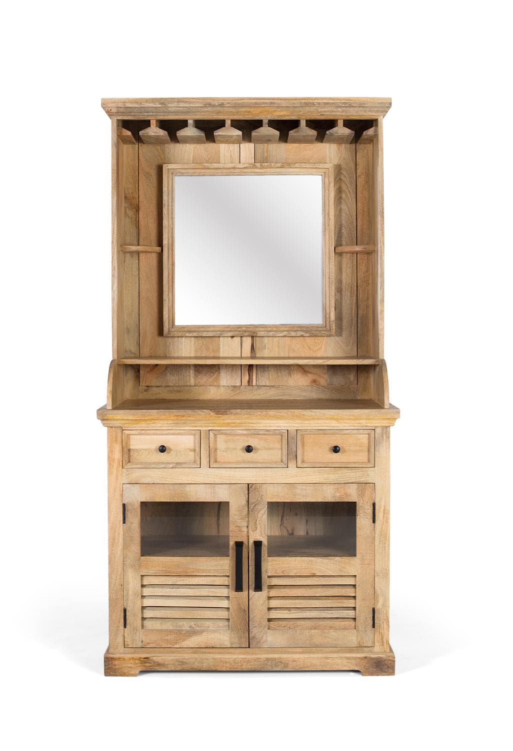 Mangopuusta valmistettu pullotelinekaappi, jossa on peili keskellä