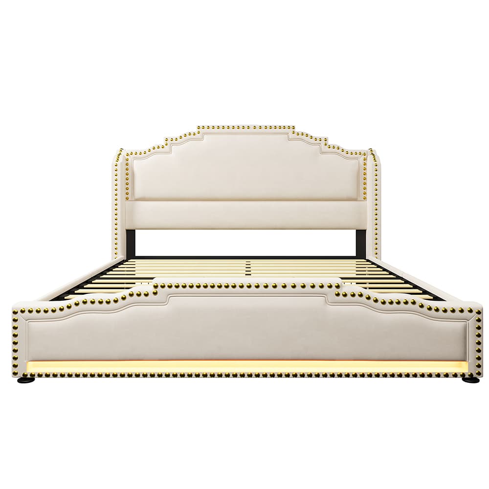 160x200 cm verhoiltu sängynrunko, LED-valoilla ja USB-porteilla, beige