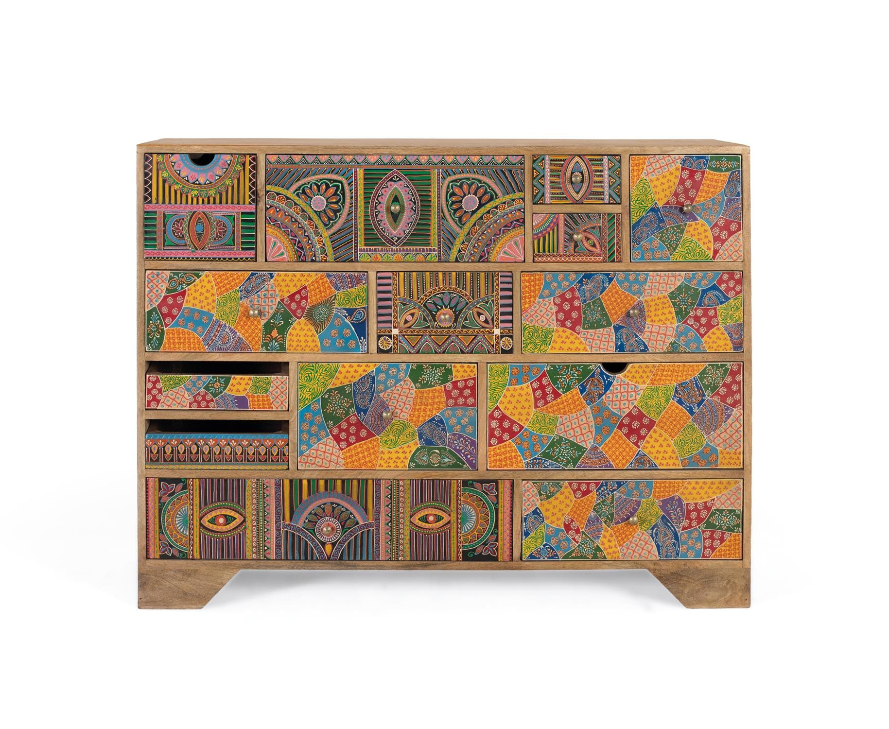 Mangopuusta valmistettu lipasto käsinmaalatuin yksityiskohdin, 120 cm