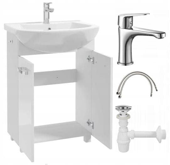 Kylpyhuonekaappi pesualtaalla jaloilla 85x60, seisova, valkoinen Mila, pitkänomainen kromihana