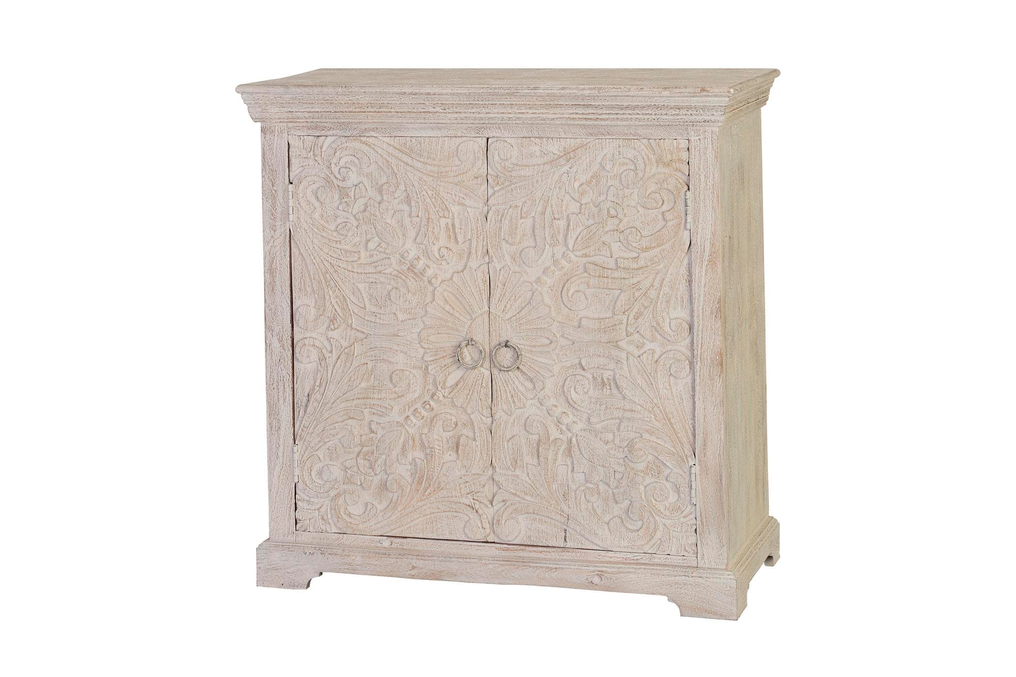 Massiivimangopuinen lipasto, jossa on kaksi ovea