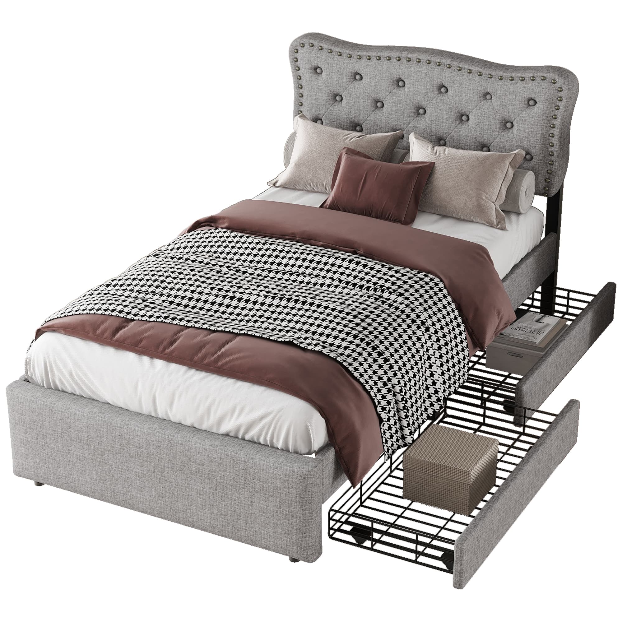 Verhoiltu sänky 90 x 200 cm, yhden hengen sänky kahdella laatikolla, sängynpääty koristeellisilla niiteillä, harmaa