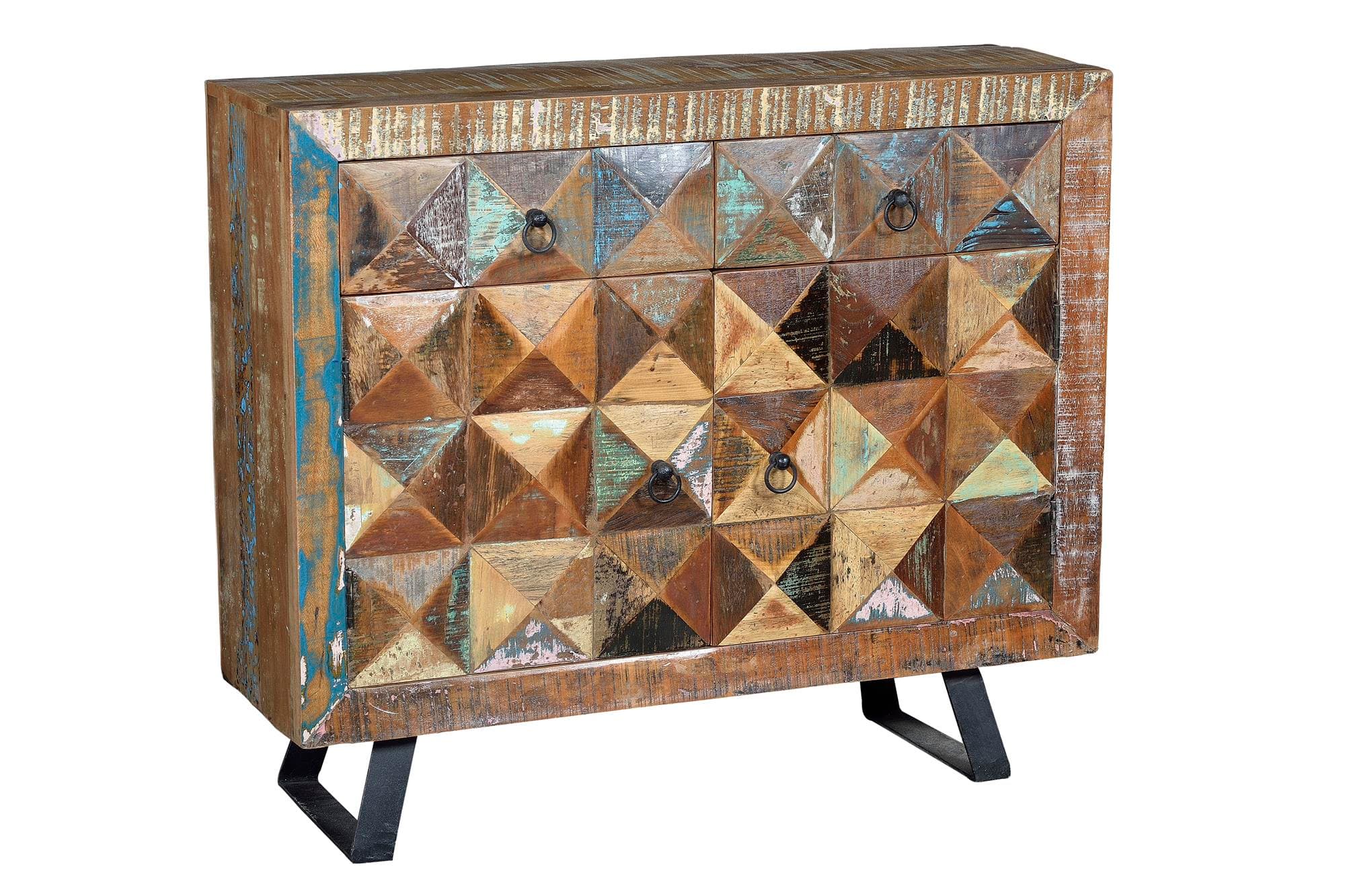 Ainutlaatuinen lipasto monivärisestä kierrätyspuusta