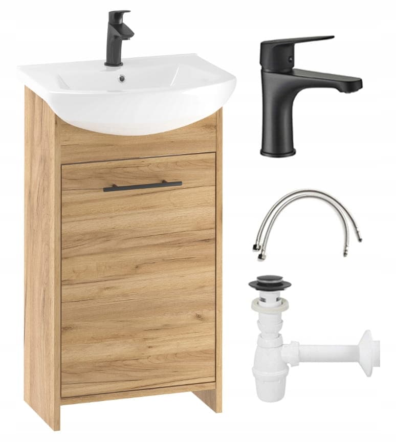 Setti kultatammista kylpyhuonekaappia 45cm, pesuallas, hana ja Frigo-sifoni