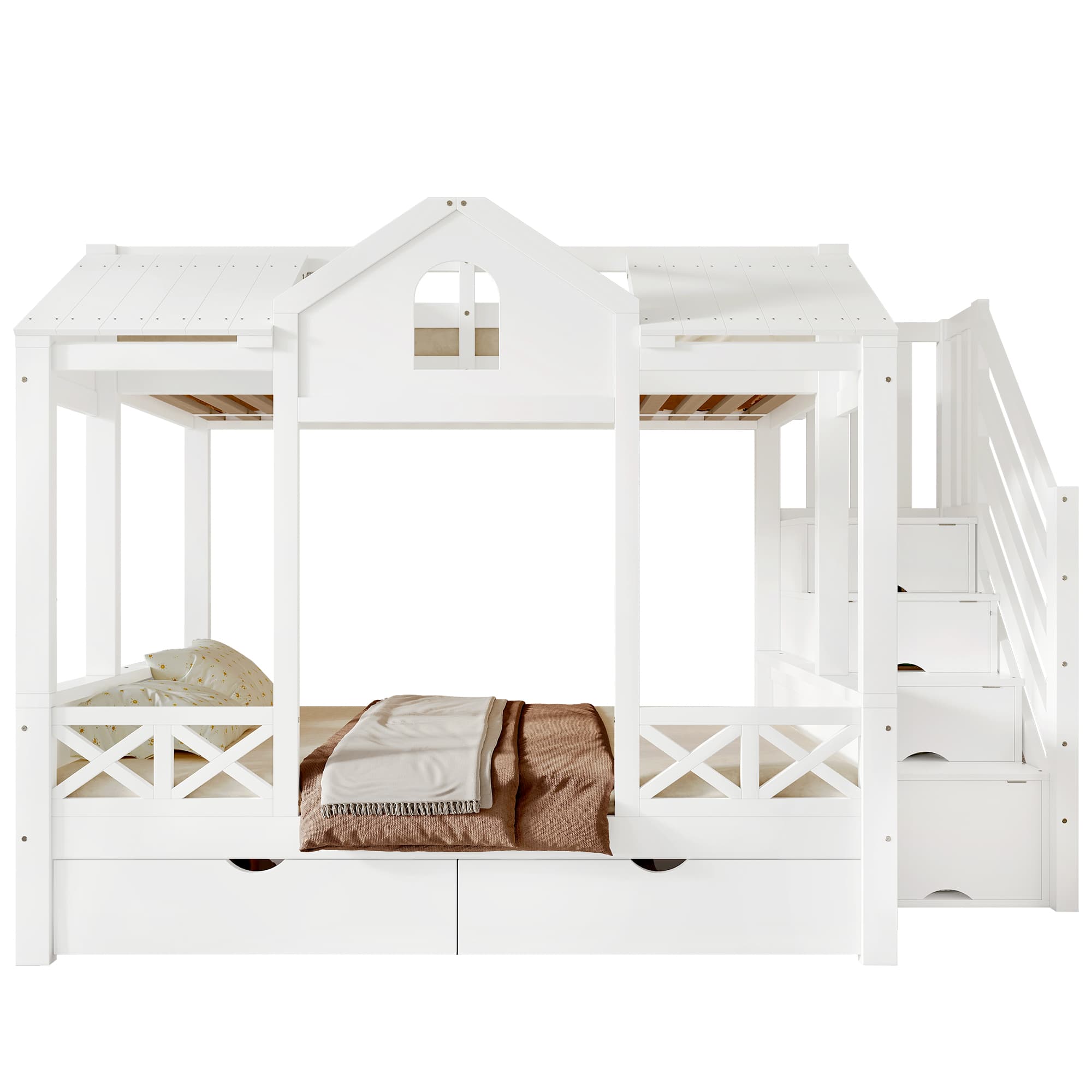 Playhouse-tyylinen lasten kerrossänky, jossa on säilytysportaat, laatikot, ikkunat