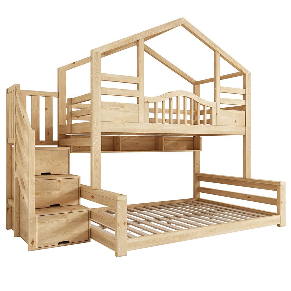 Talosänky 90x200 (yläpeti) ja 140x200 (alapeti), portaikkokaapilla, vaalean luonnonvärinen