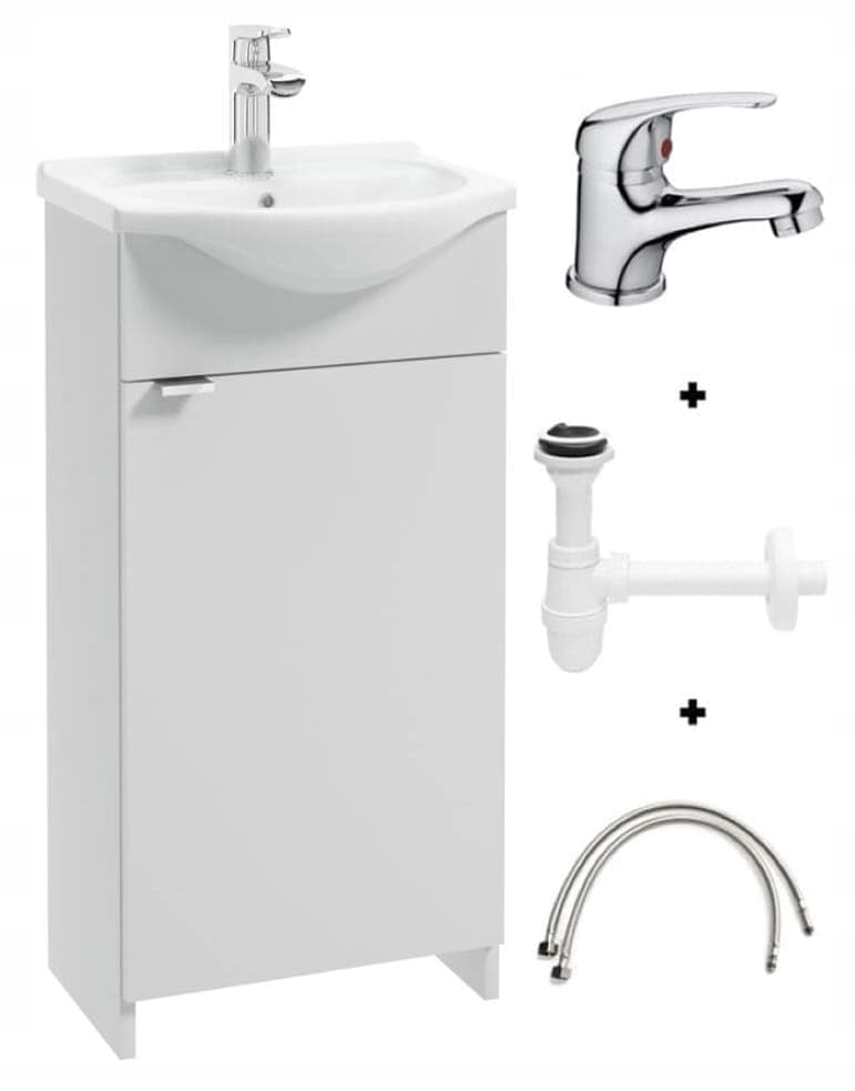 Kylpyhuonekaappi 40 cm pesualtaalla, vapaasti seisova, valkoinen, sifonilla ja kromihanalla, Kredo