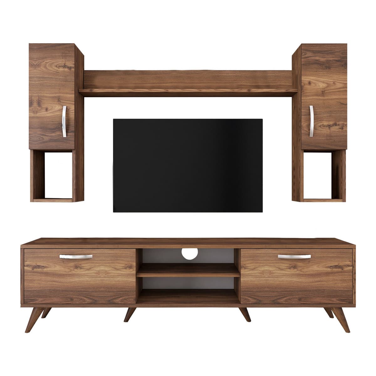 Norda Design moderni pähkinäpuinen TV-taso, 100 % melamiinipinnoitettu, 180 cm | tyylikäs seinälle asennettava malli hyllyillä