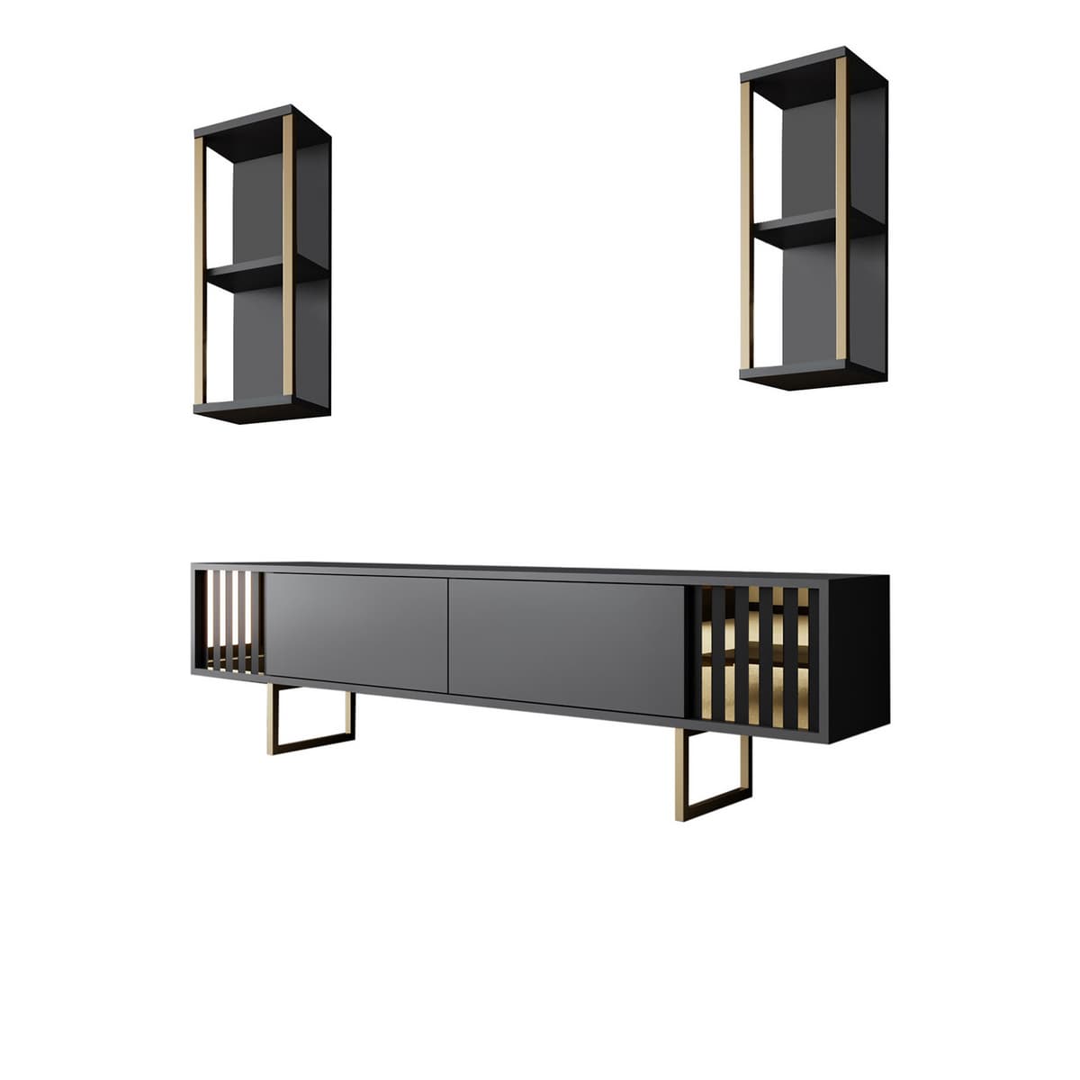 Norda Design moderni tv-taso seinähyllyillä, antrasiitti ja musta, 100 % melamiinipäällysteinen, metallijaloilla, 180 cm leveä