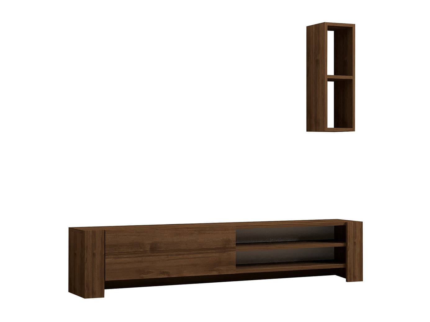 Norda Design Moderni pähkinäpuinen TV-taso seinähyllyllä, 160 cm | 100 % melamiinipinnoitettu, 18 mm paksu | Tyylikäs säilytysratkaisu